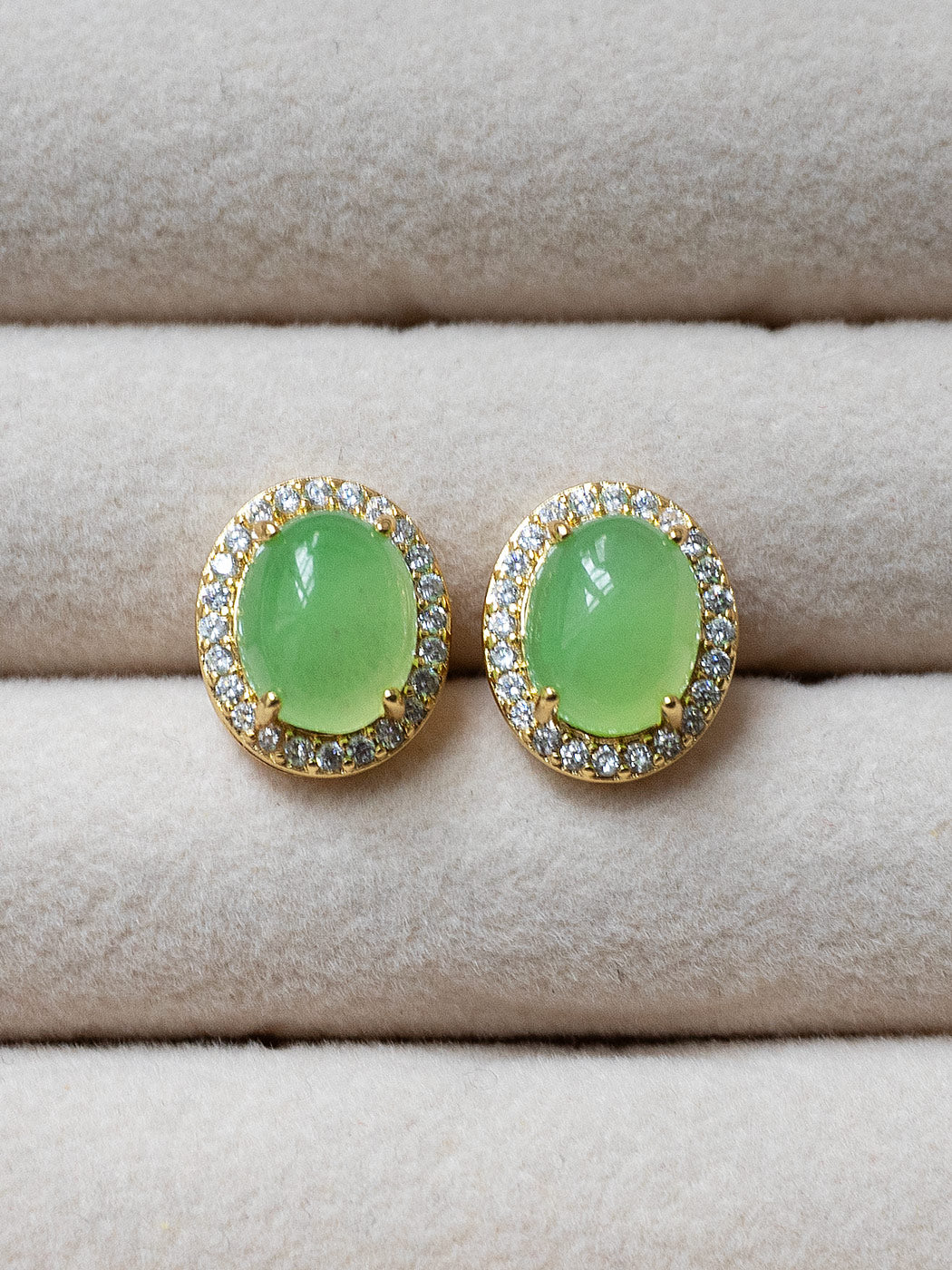 Oval Jade Gemstone Pavé Earstuds - Light Green, Gold