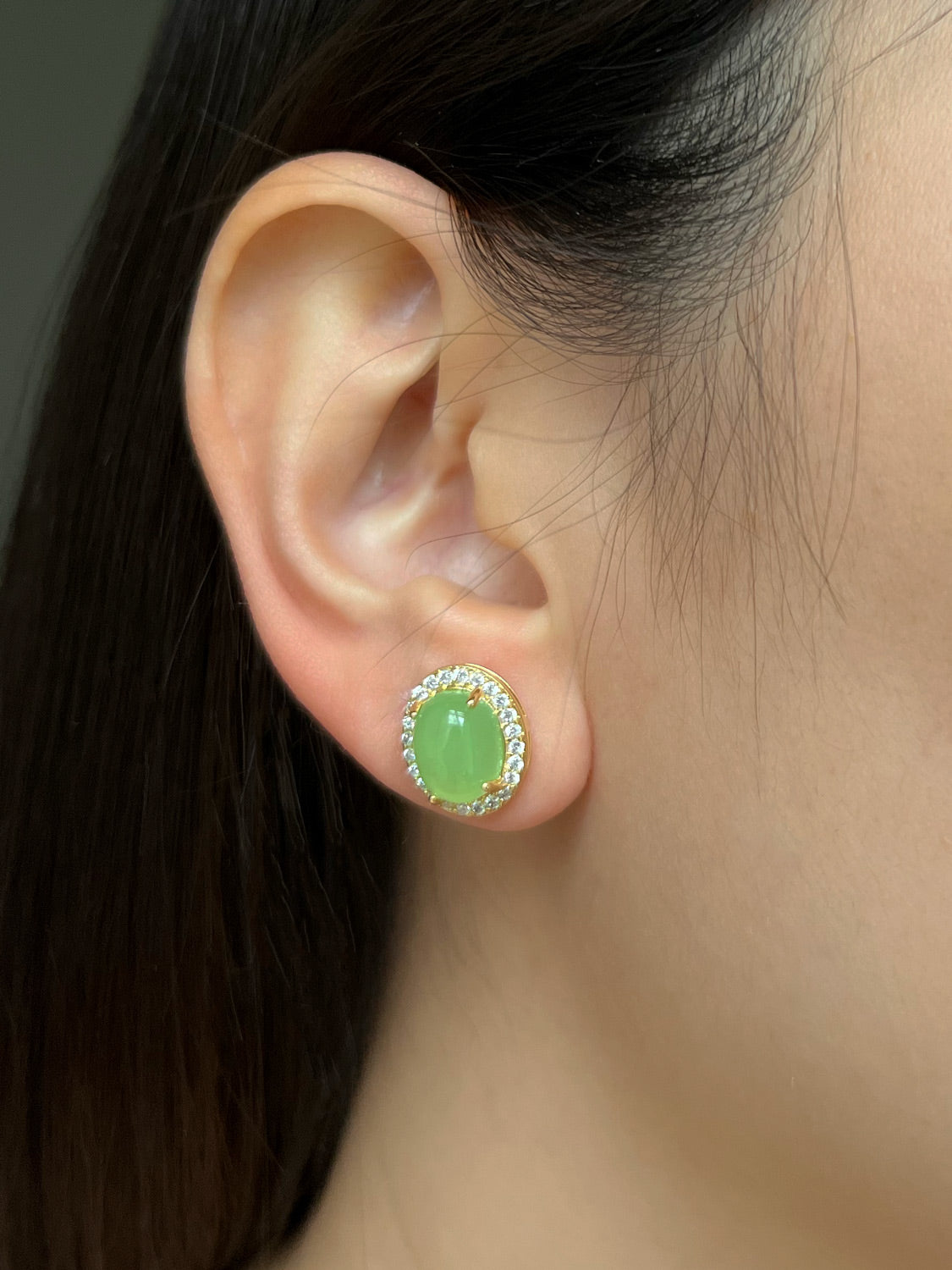 Oval Jade Gemstone Pavé Earstuds - Light Green, Gold