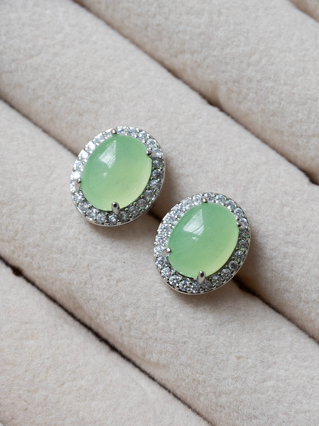 Oval Jade Gemstone Pavé Earstuds - Light Green, Silver