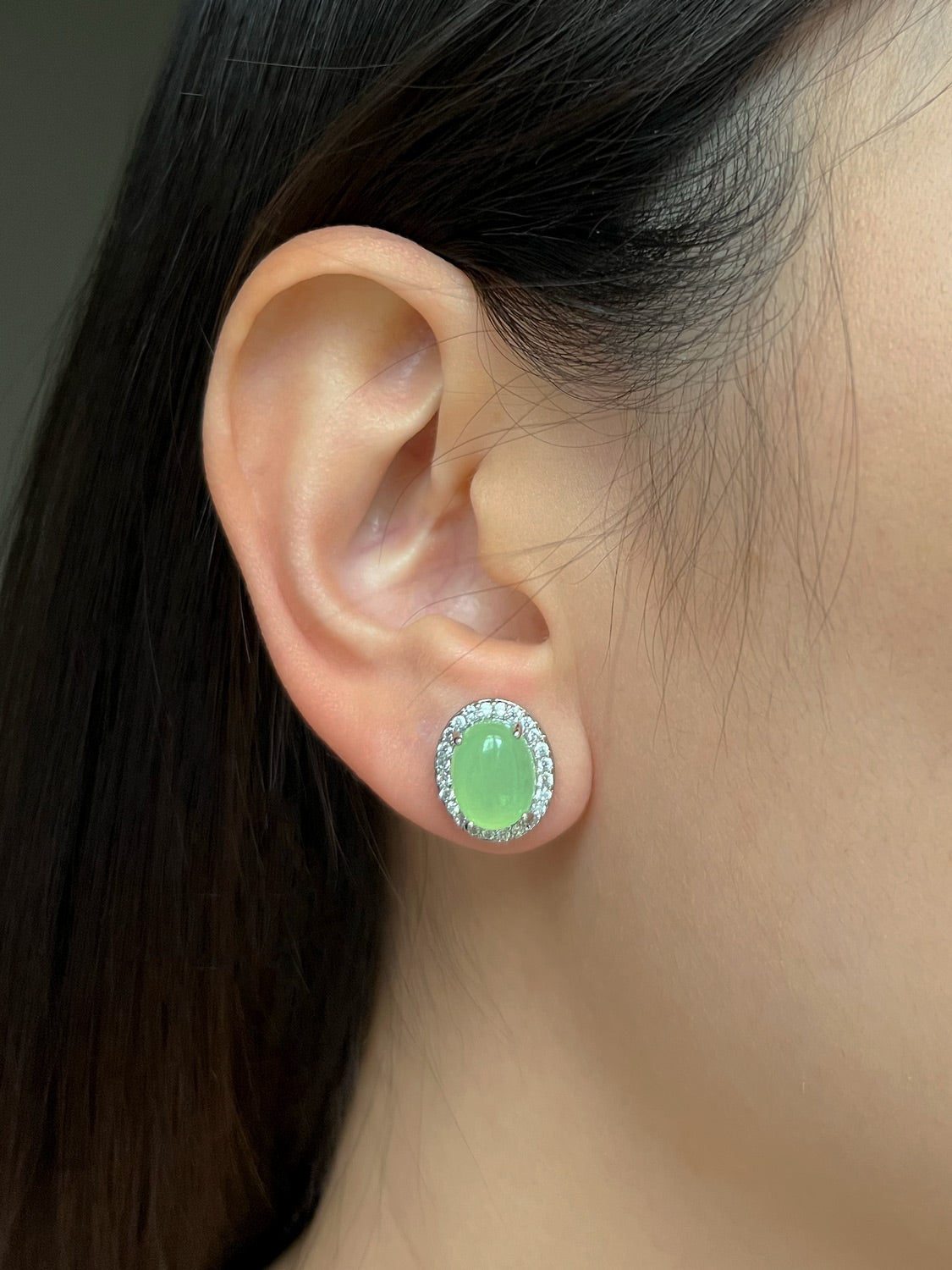 Oval Jade Gemstone Pavé Earstuds - Light Green, Silver