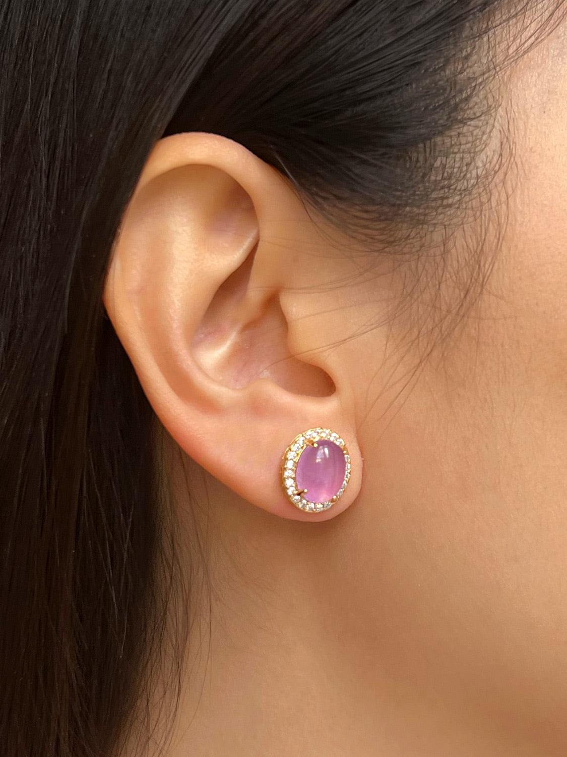 Oval Jade Gemstone Pavé Earstuds - Purple, Gold