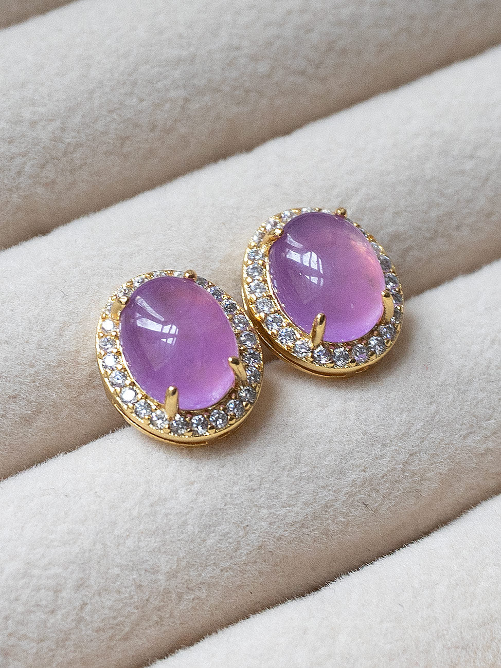 Oval Jade Gemstone Pave Earstuds   Purple  Gold2
