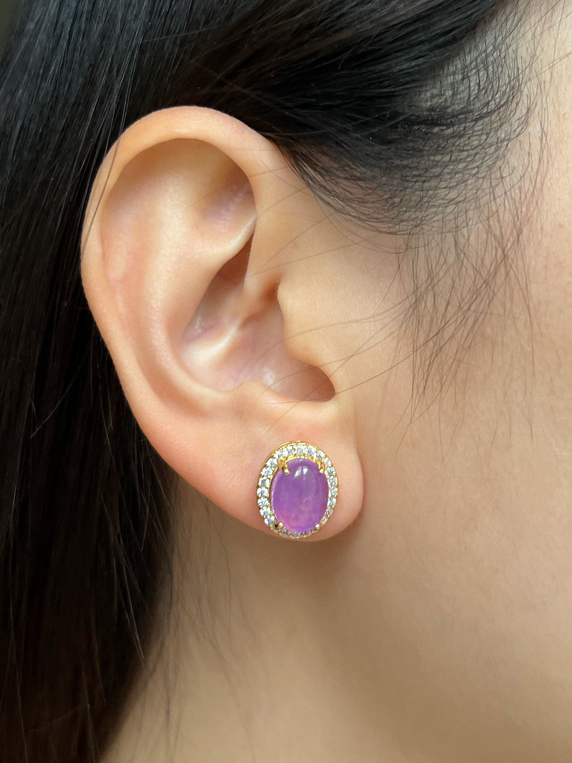 Oval Jade Gemstone Pavé Earstuds - Purple, Gold
