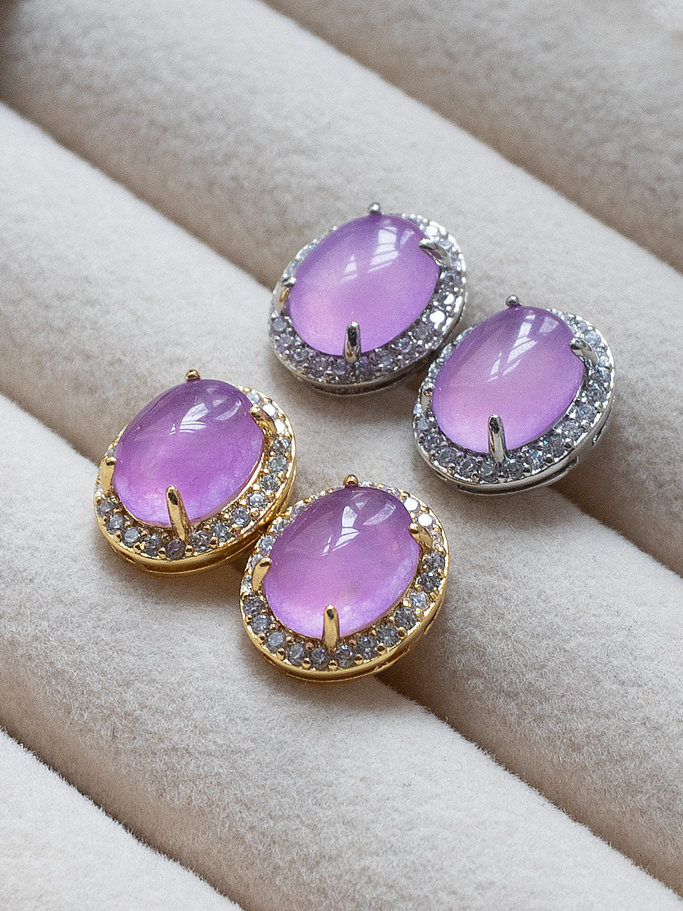 Oval Jade Gemstone Pave Earstuds   Purple  Silver Gold