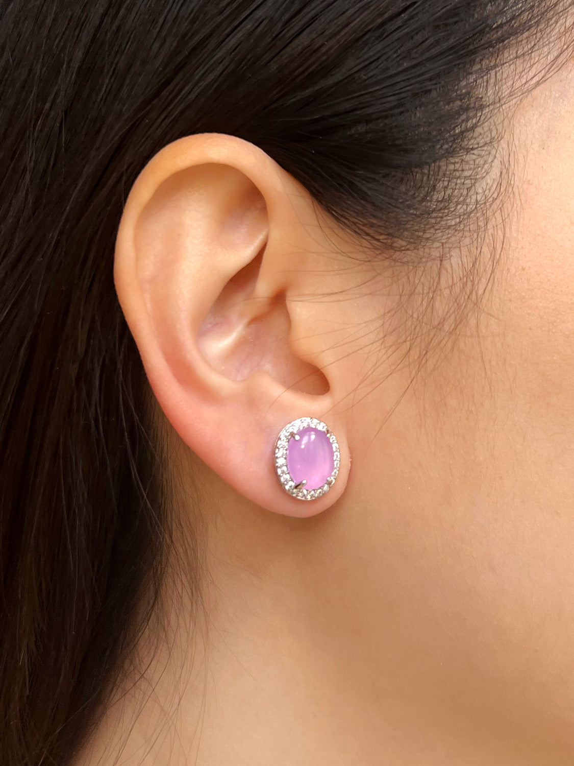 Oval Jade Gemstone Pavé Earstuds - Purple, Silver