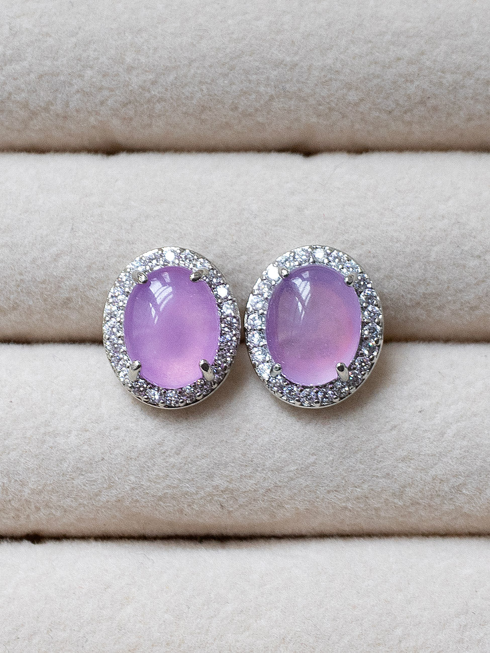 Oval Jade Gemstone Pave Earstuds   Purple  Silver2