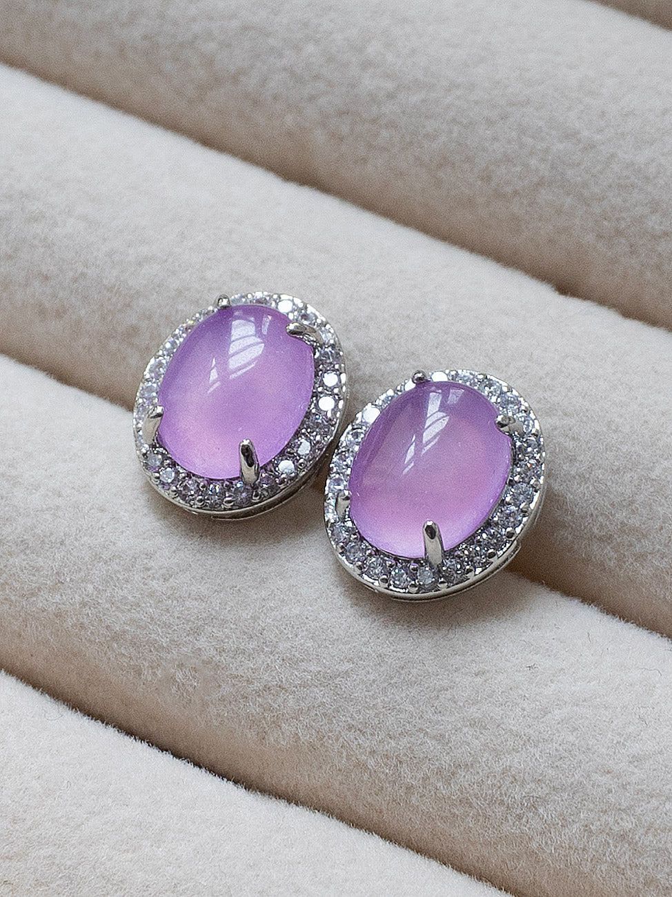 Oval Jade Gemstone Pave Earstuds   Purple  Silver3