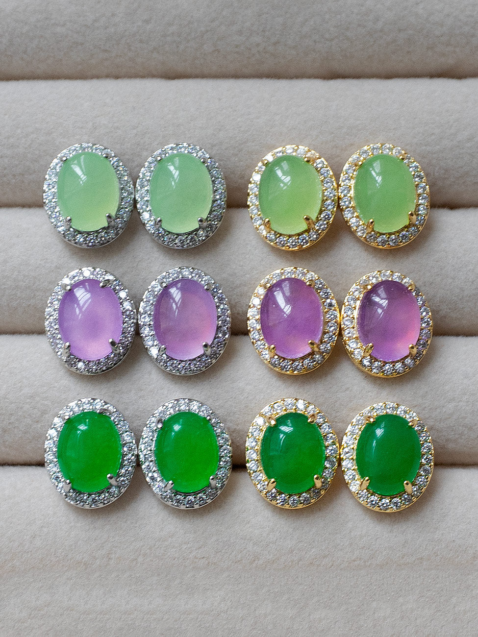 Oval Jade Gemstone Pavé Earstuds - Light Green, Gold