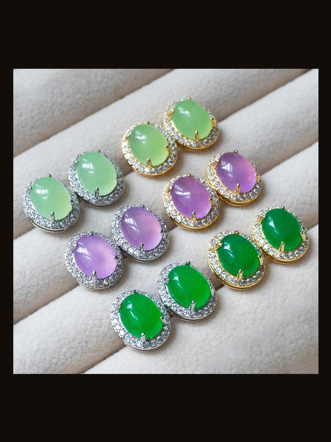 Oval Jade Gemstone Pavé Earstuds - Light Green, Gold