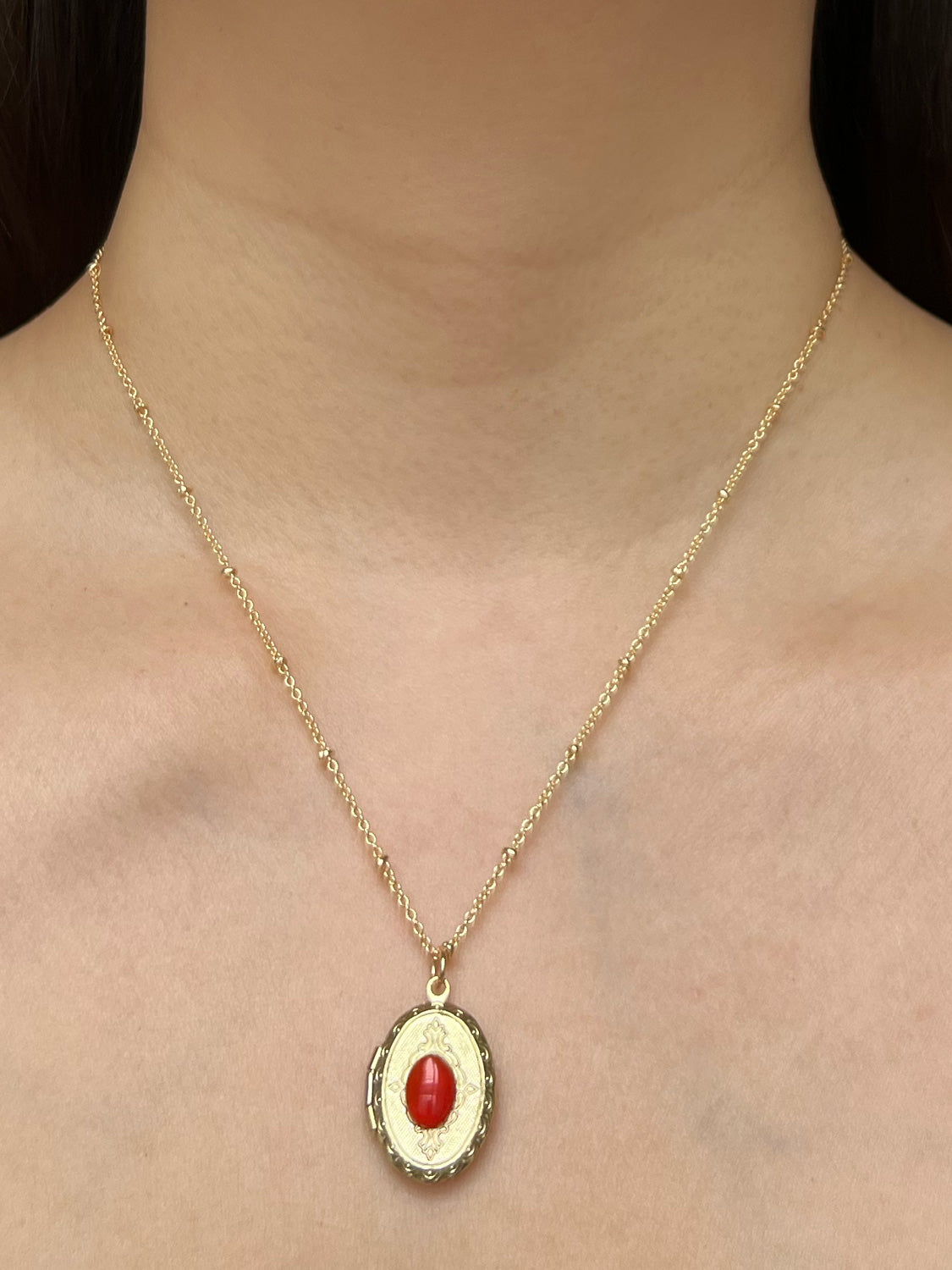 Oval Locket Pendant Necklace - Orange-Red Agate