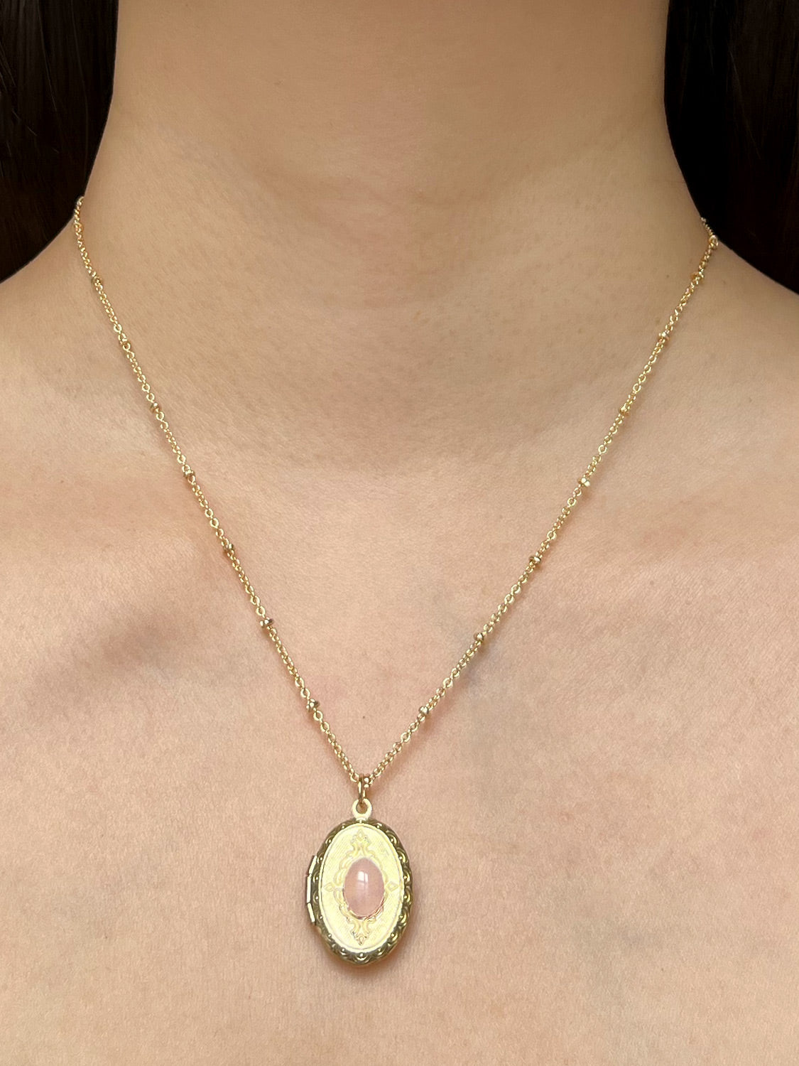 Oval Locket Pendant Necklace - Rose Quartz