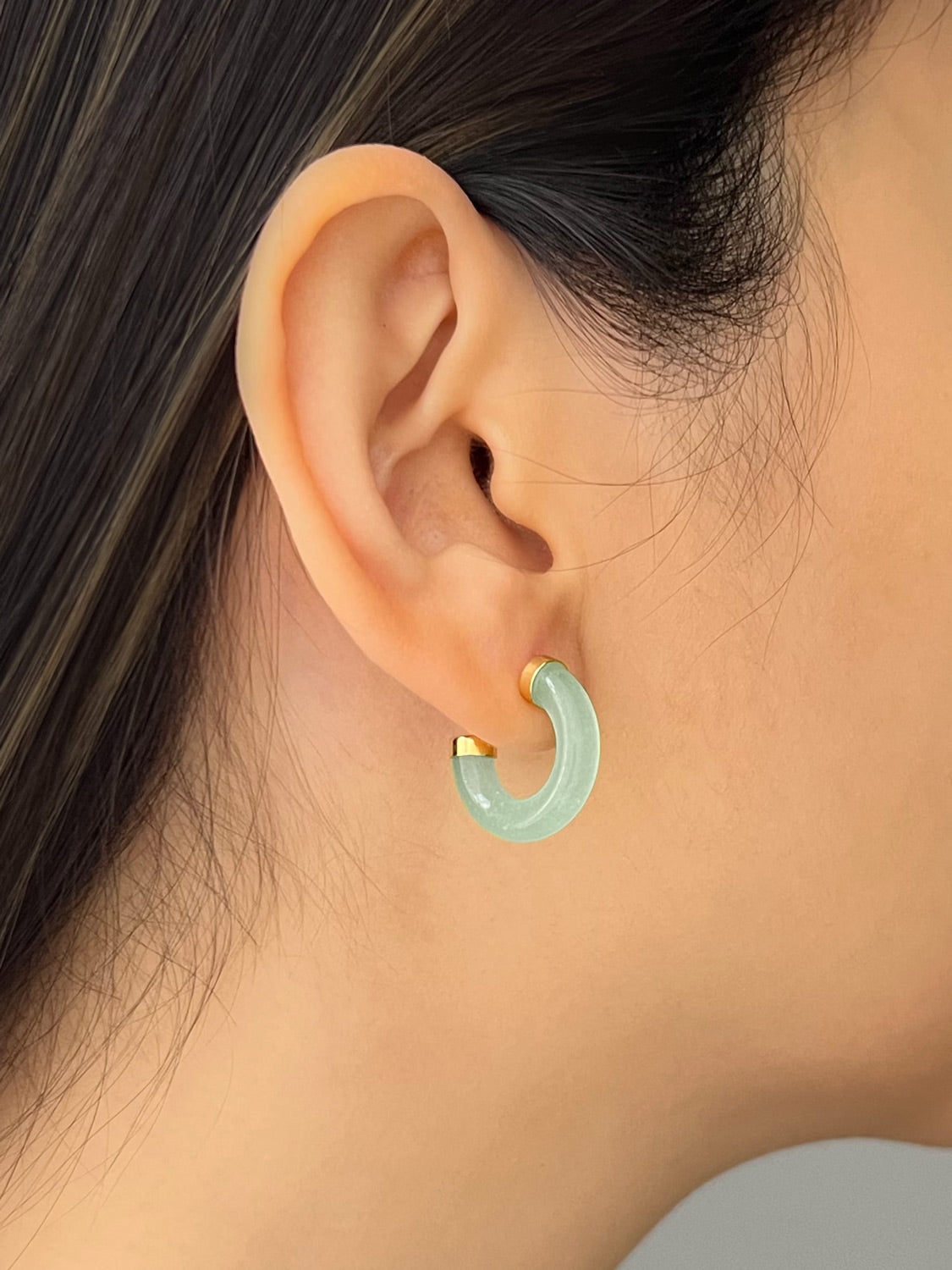 Petite Green Jade Hoops  Gold tone 2