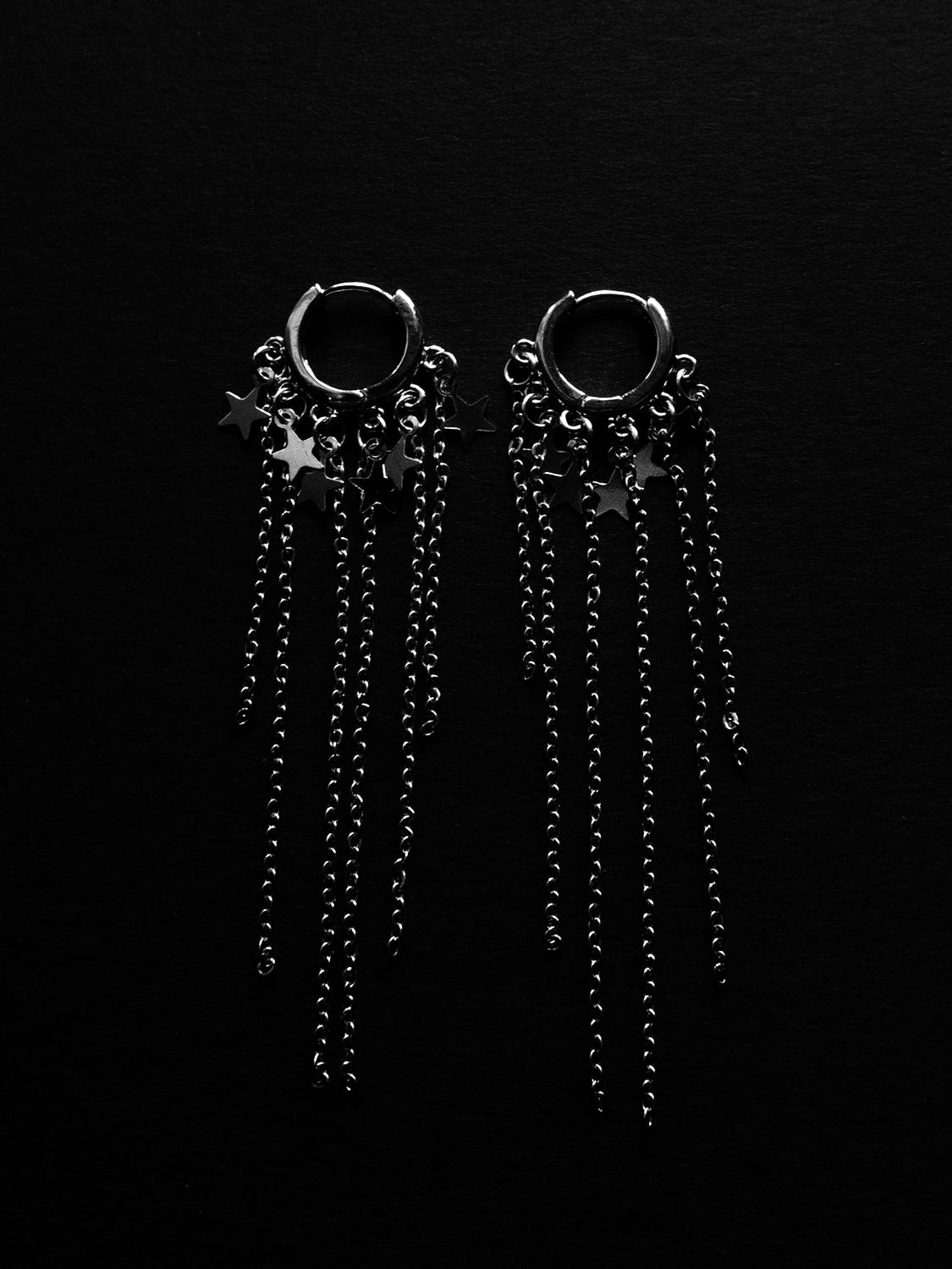 Petite Silver Huggies with Dangling Chains dark