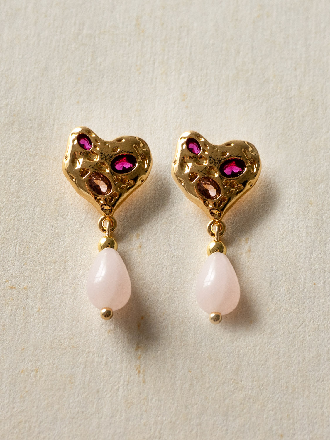 Pink Gemstones Heart Earstuds with teardrop rose quartz2