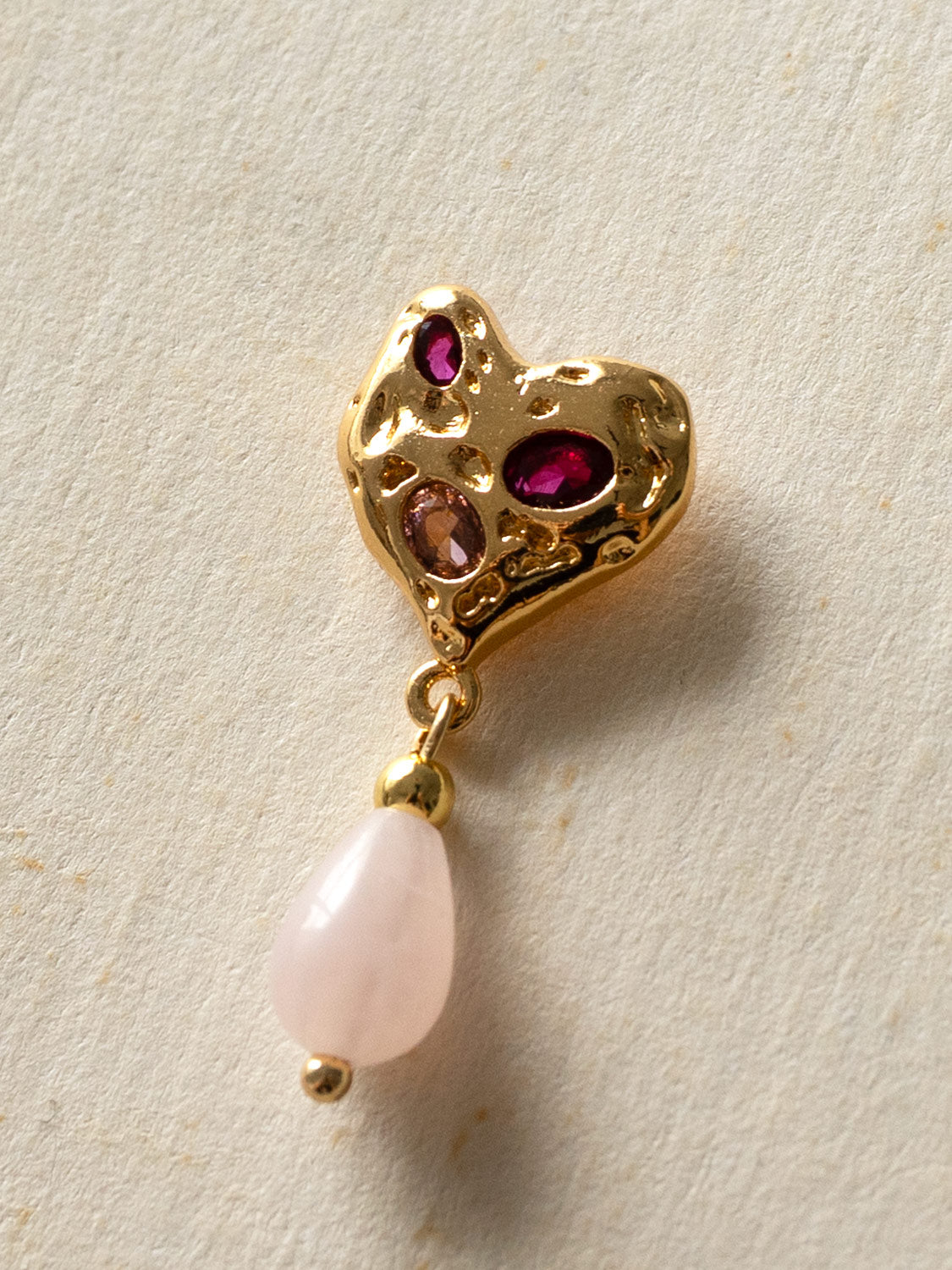 Pink Gemstones Heart Earstuds With Teardrop Rose Quartz