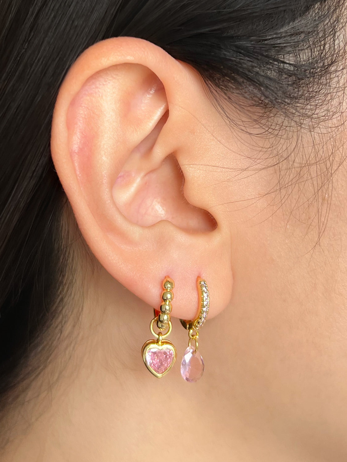 Boba Huggies with Heart Gemstone, S925 - Light Pink, Gold