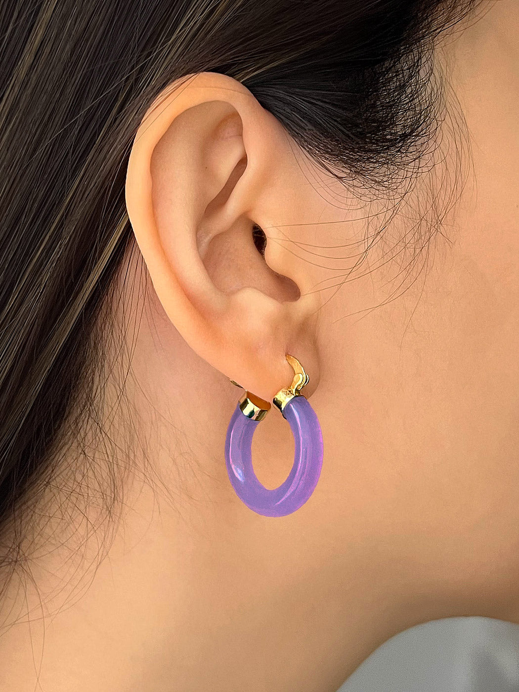 Purple Jade Hoops  Gold tone