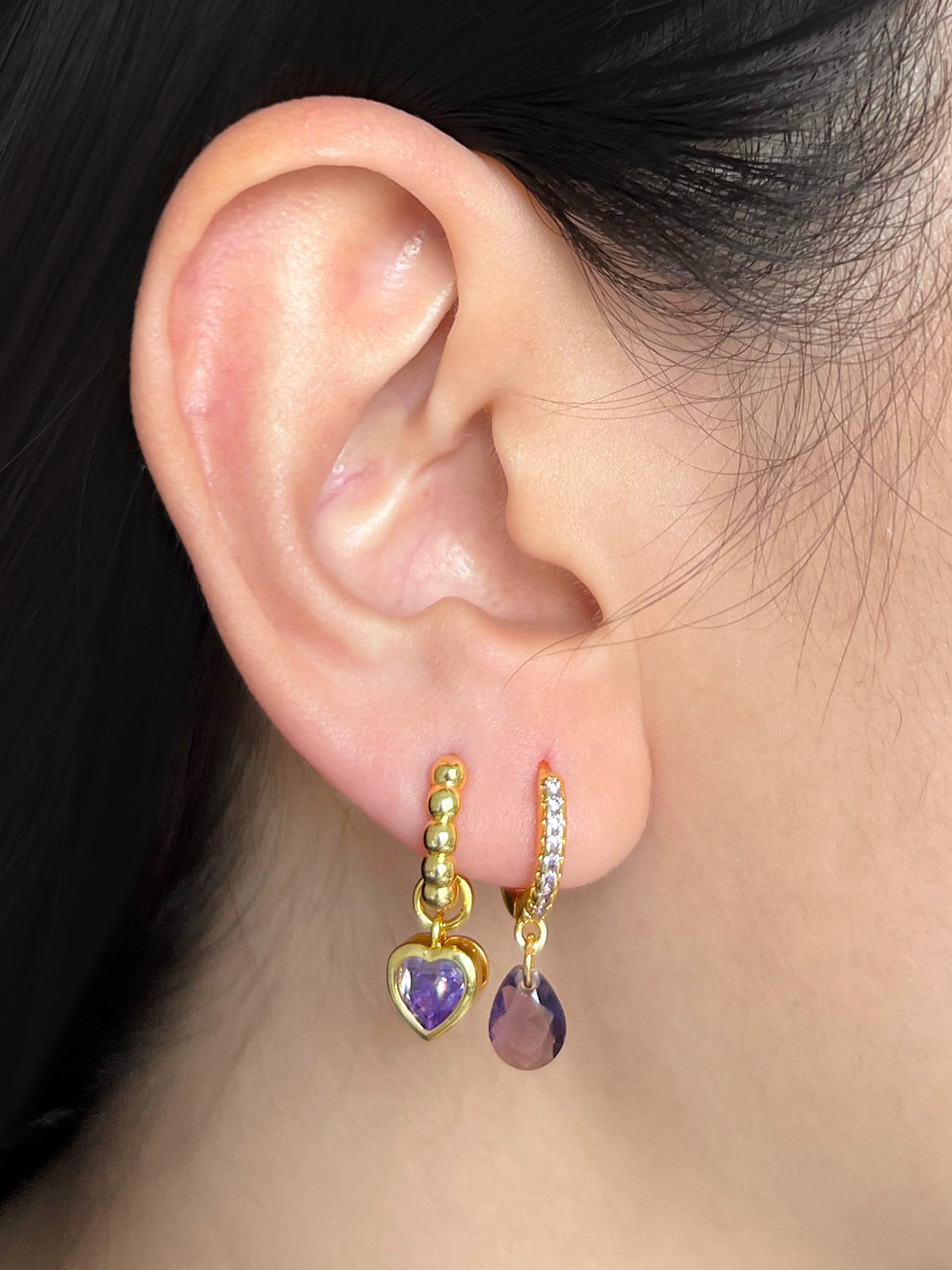 Boba Huggies with Heart Gemstone, S925 - Purple, Gold