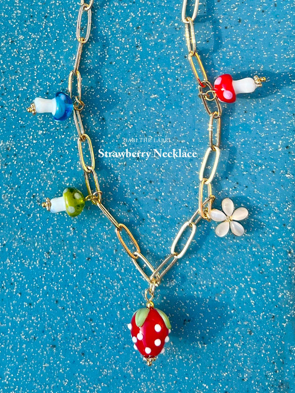 Red Strawberry Charm Necklace with Colourful Mushrooms