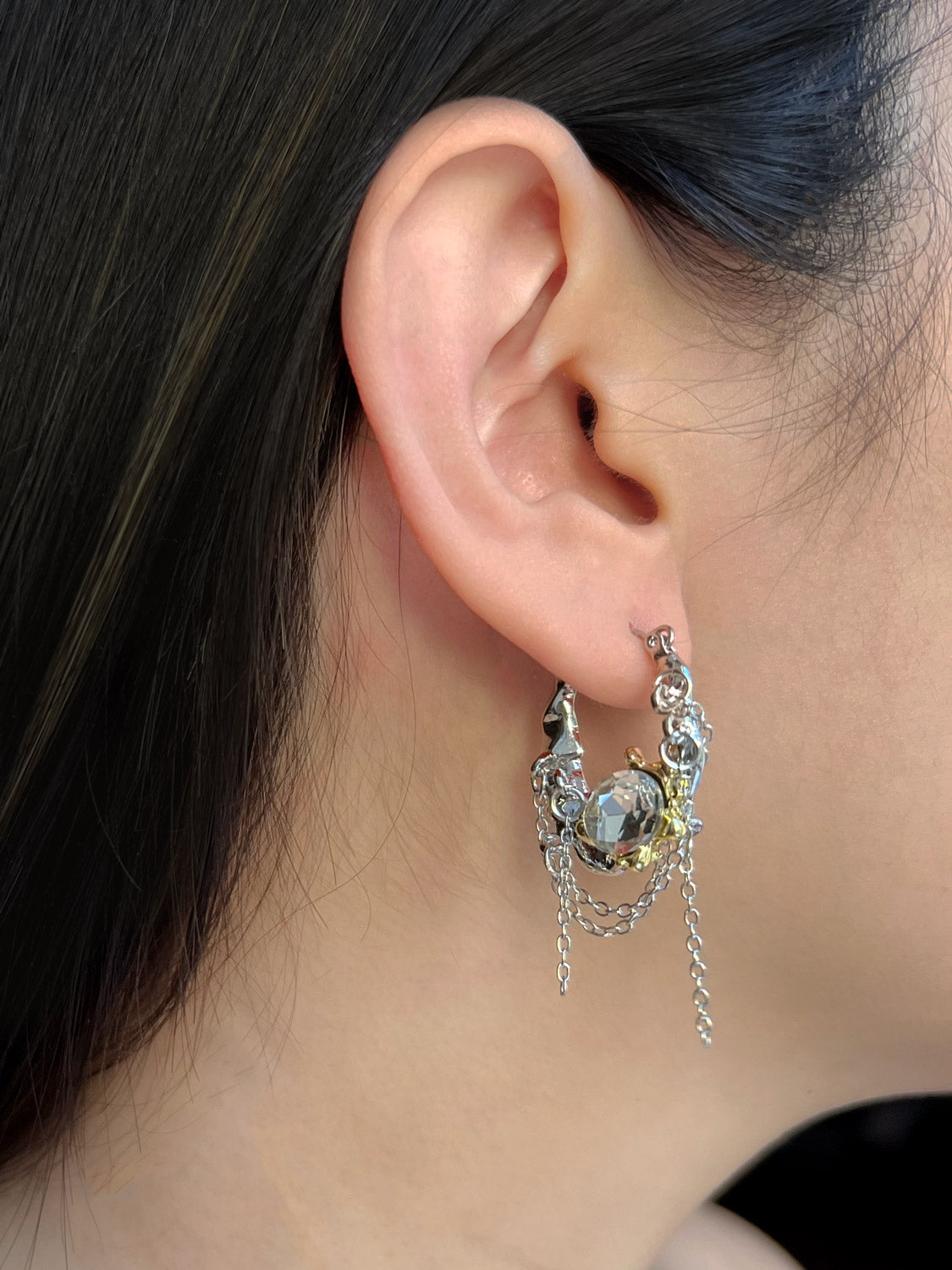 Silver-Gold Baroque Gems and Chain Hoops