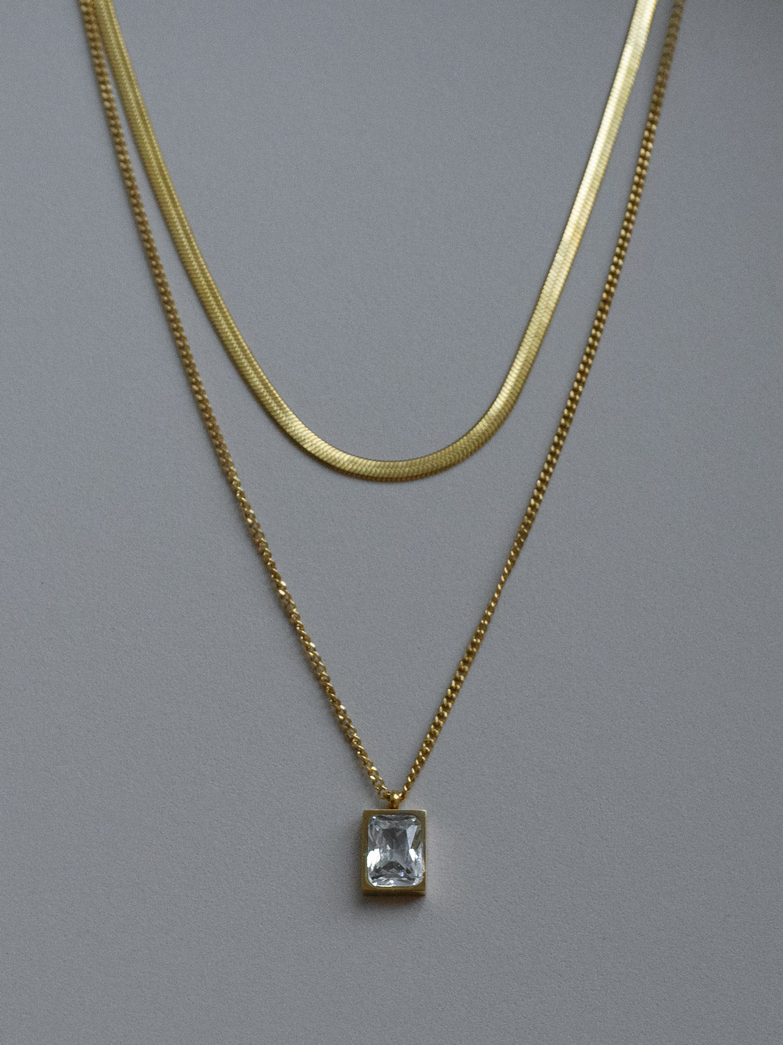 Snake Layered Necklace - Clear Rectangular Gemstone