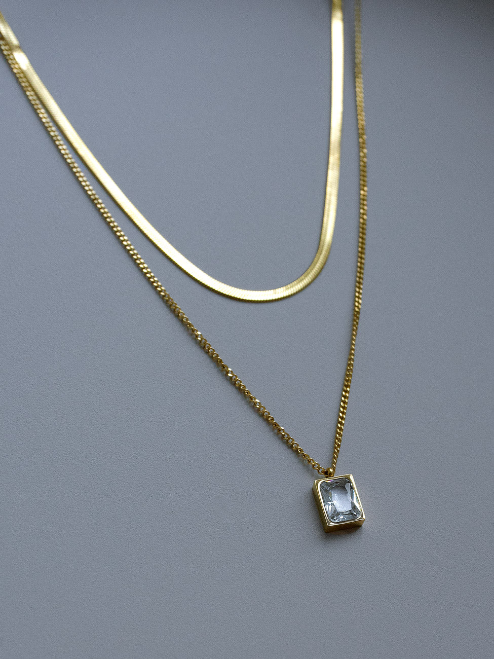 Snake Layered Necklace - Clear Rectangular Gemstone