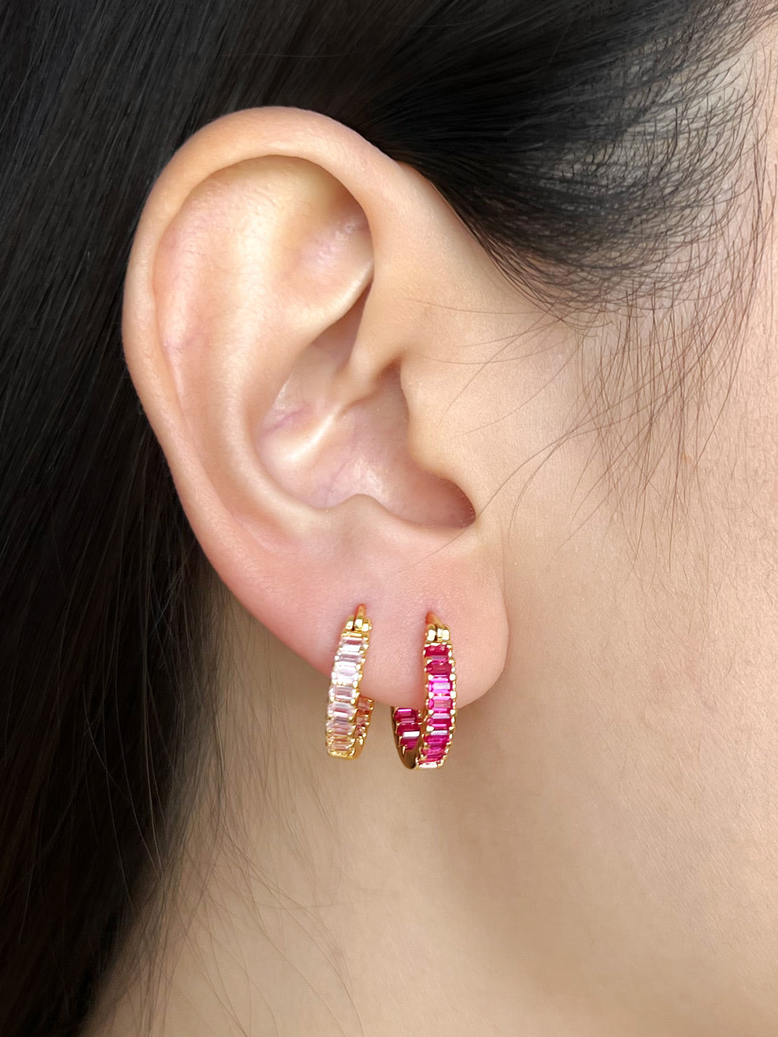 Sparkle Gemstone Mini Hoops, S925 - Light Pink, Gold