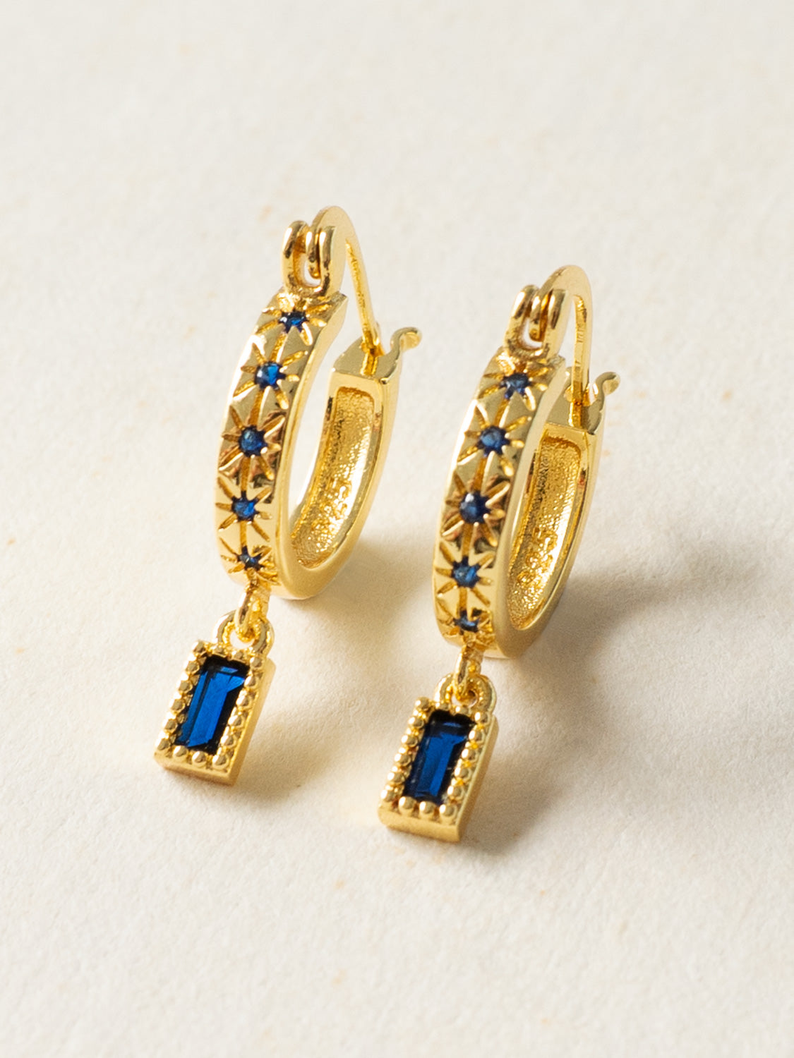 Starburst Huggies with Rectangular Gemstone, S925 - Blue, Gold