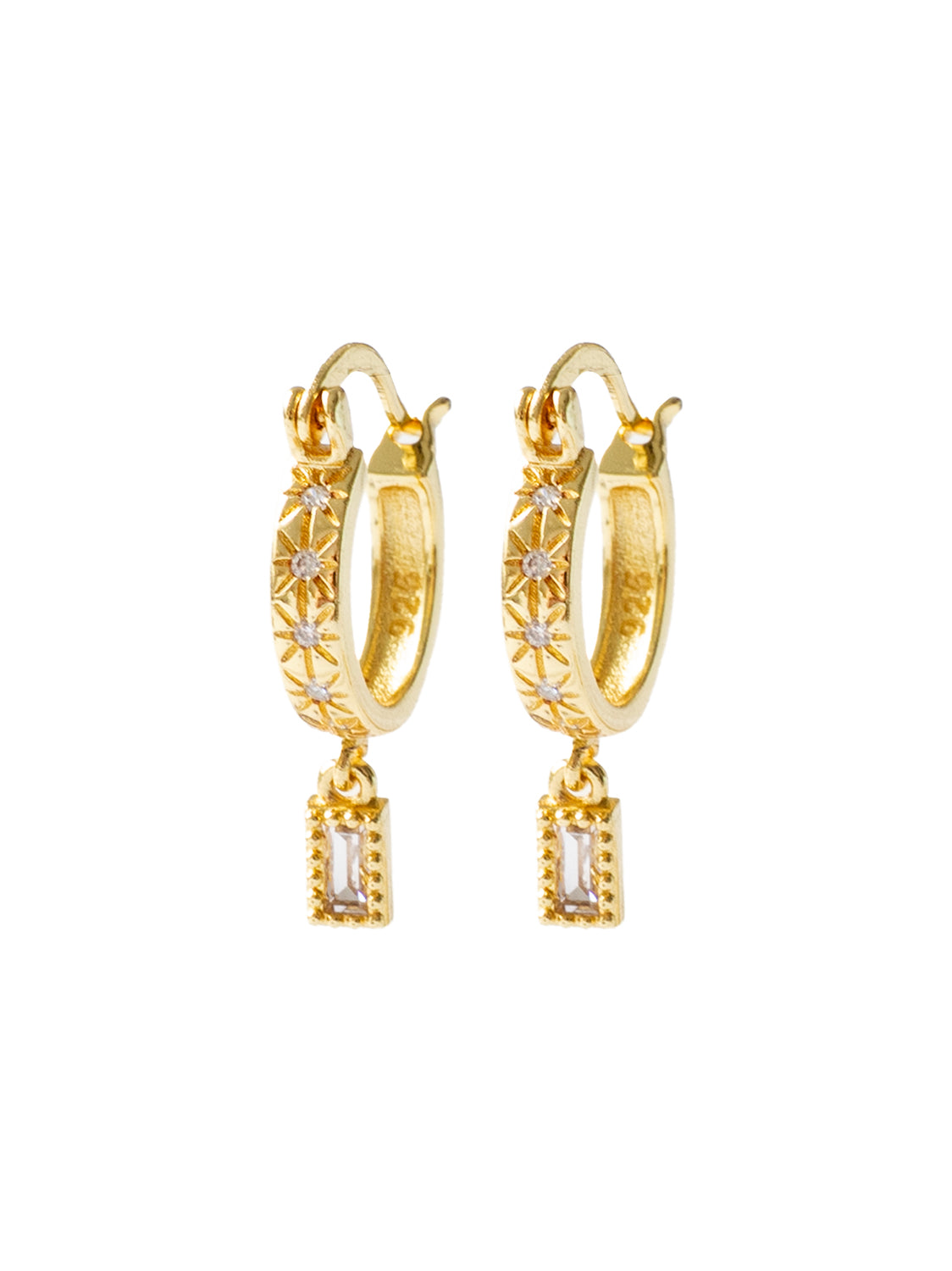 Starburst Huggies with Rectangular Gemstone, S925 - Clear, Gold