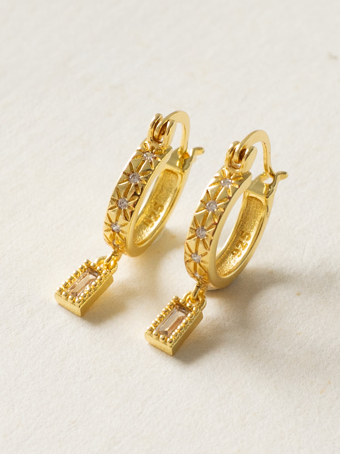 Starburst Huggies with Rectangular Gemstone, S925 - Clear, Gold