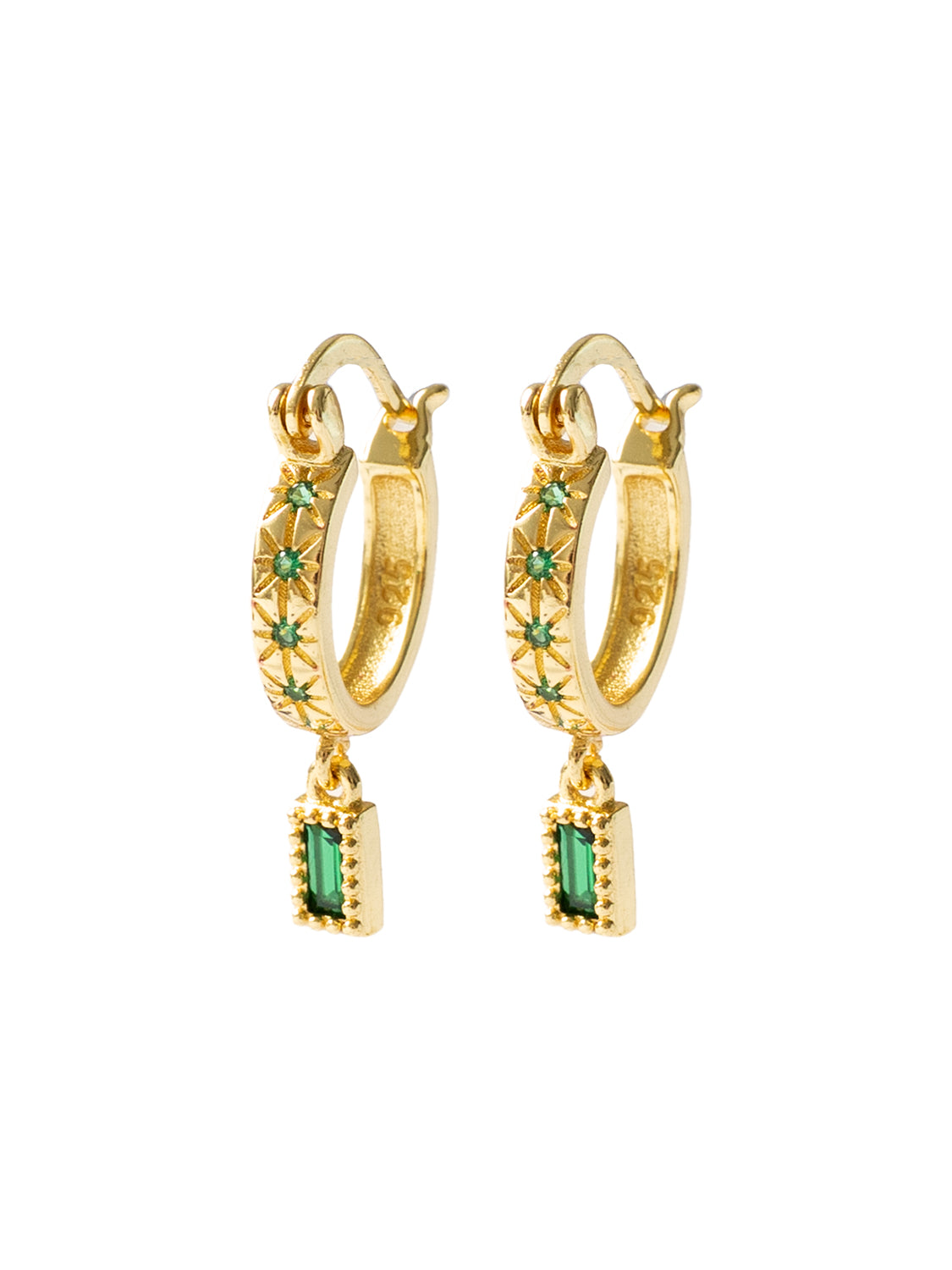 Starburst Huggies with Rectangular Gemstone  S925   Green  Gold