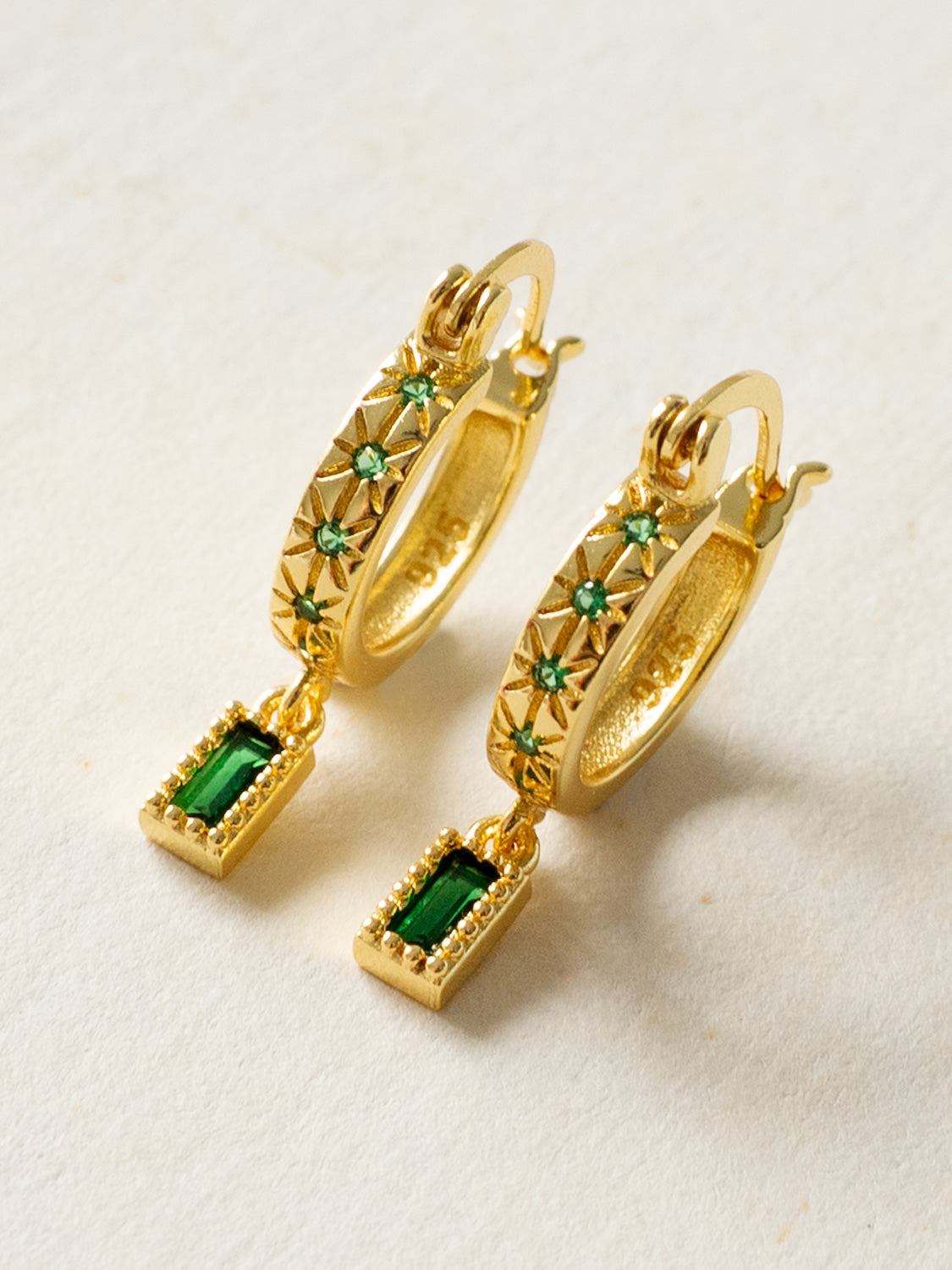 Starburst Huggies with Rectangular Gemstone, S925 - Green, Gold