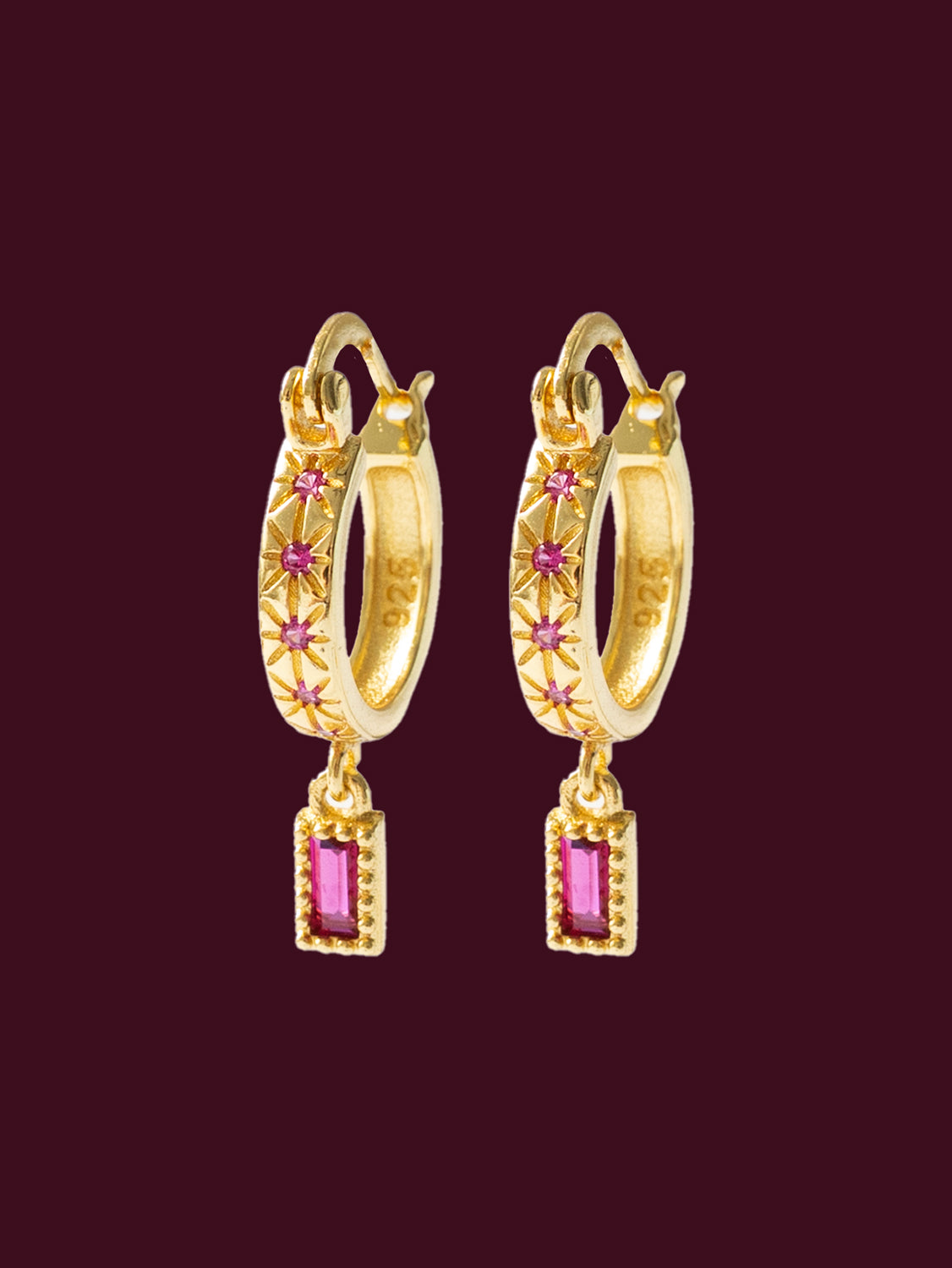 Starburst Huggies with Rectangular Gemstone  S925   Magenta  Gold bkg