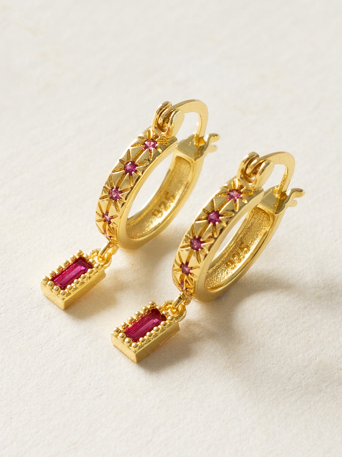 Starburst Huggies with Rectangular Gemstone  S925   Magenta  Gold2