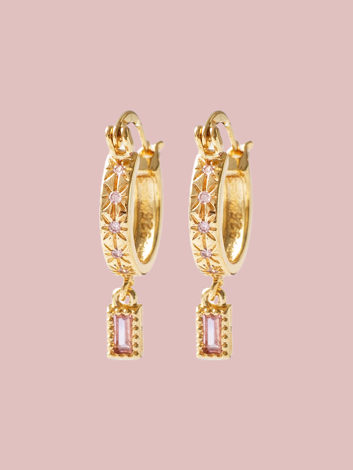 Starburst Huggies with Rectangular Gemstone  S925   Sweet Pink  Gold pinkbkg