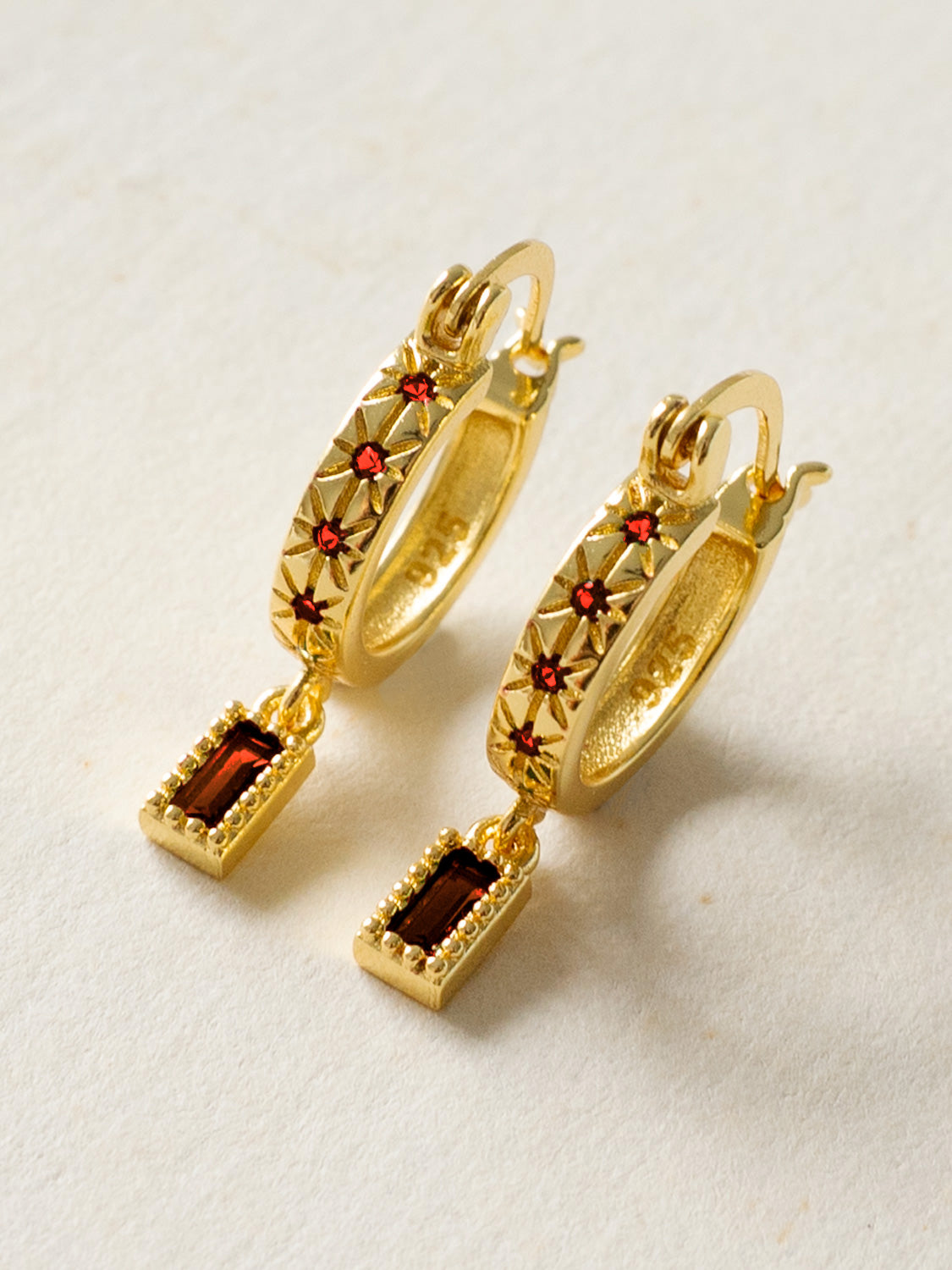 Starburst Huggies with Rectangular Gemstone, S925 - Wine Red, Gold