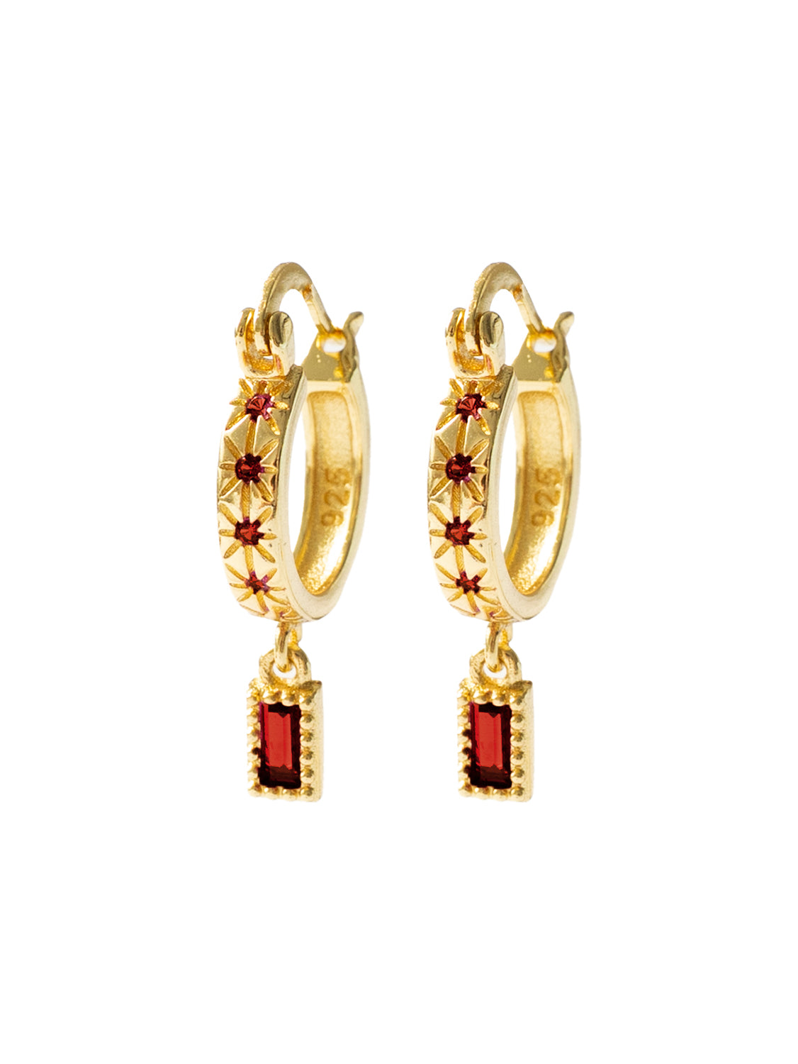 Starburst Huggies with Rectangular Gemstone, S925 - Wine Red, Gold