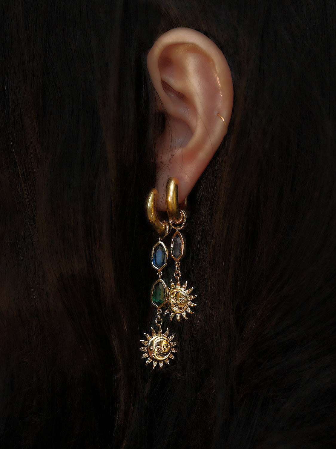 Sun-Moon Asymmetric Gemstone Chunky Hoops