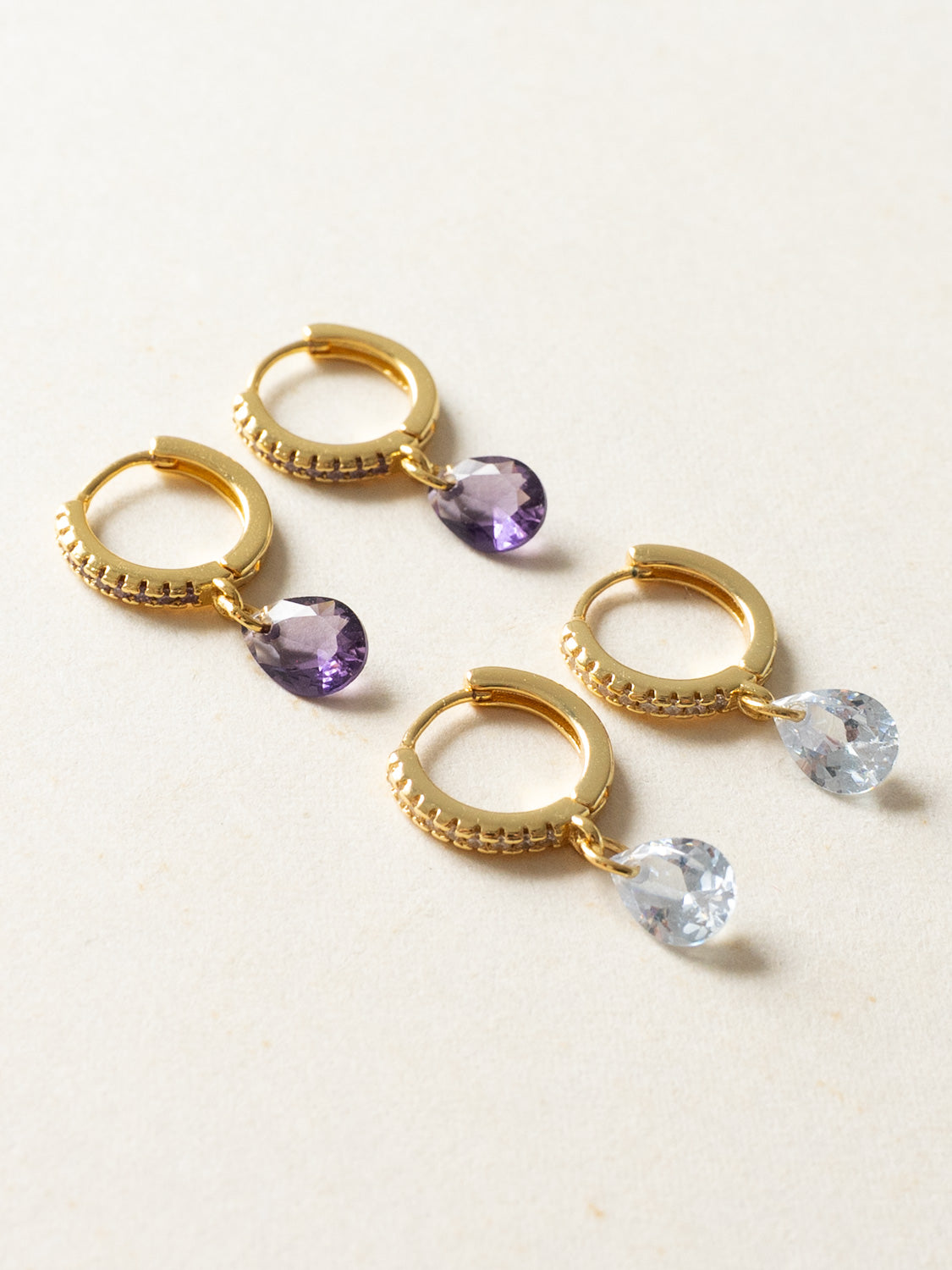 Teardrop Dangle Huggies, S925 - Clear, Gold