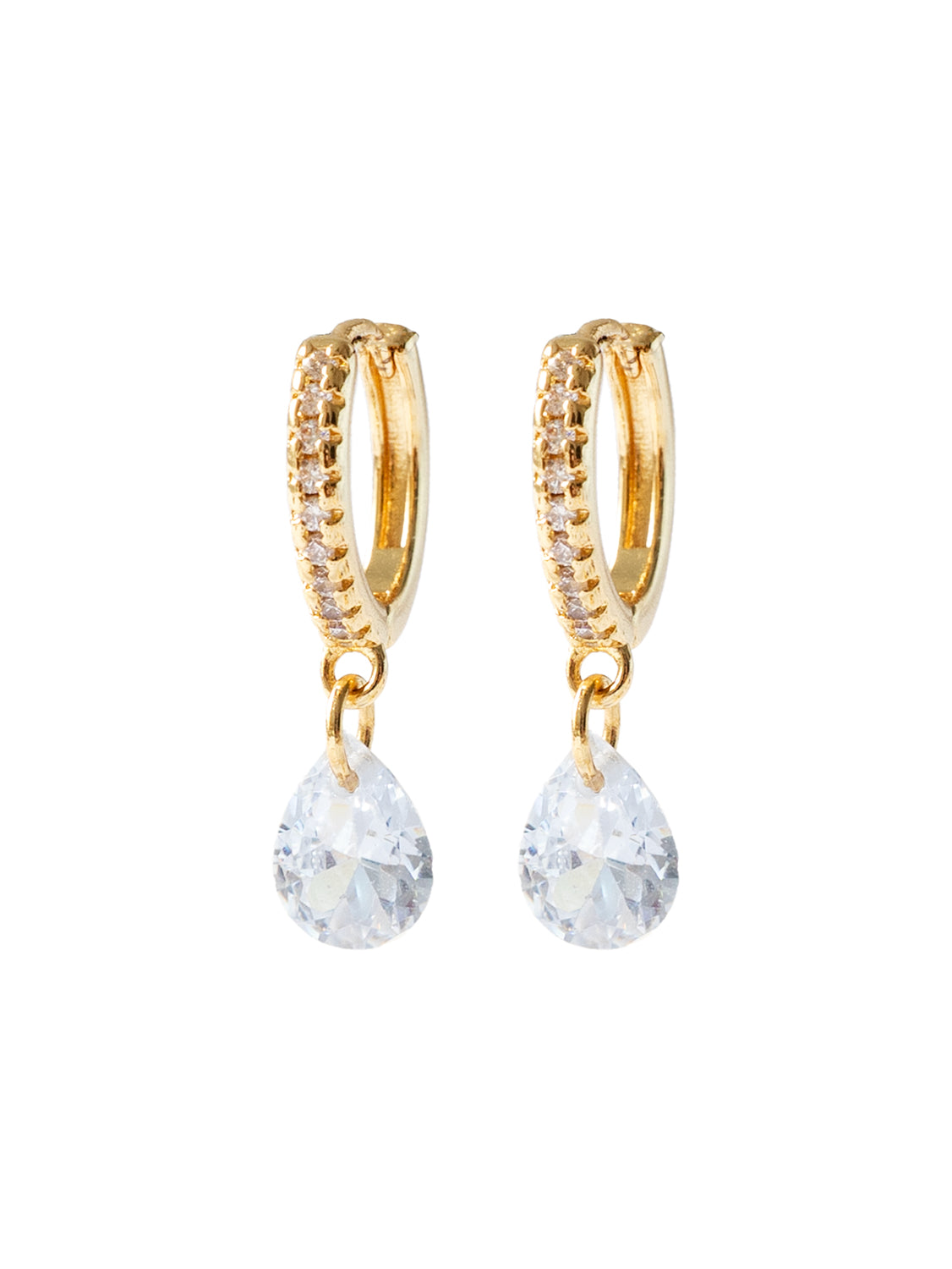 Teardrop Dangle Huggies, S925 - Clear, Gold