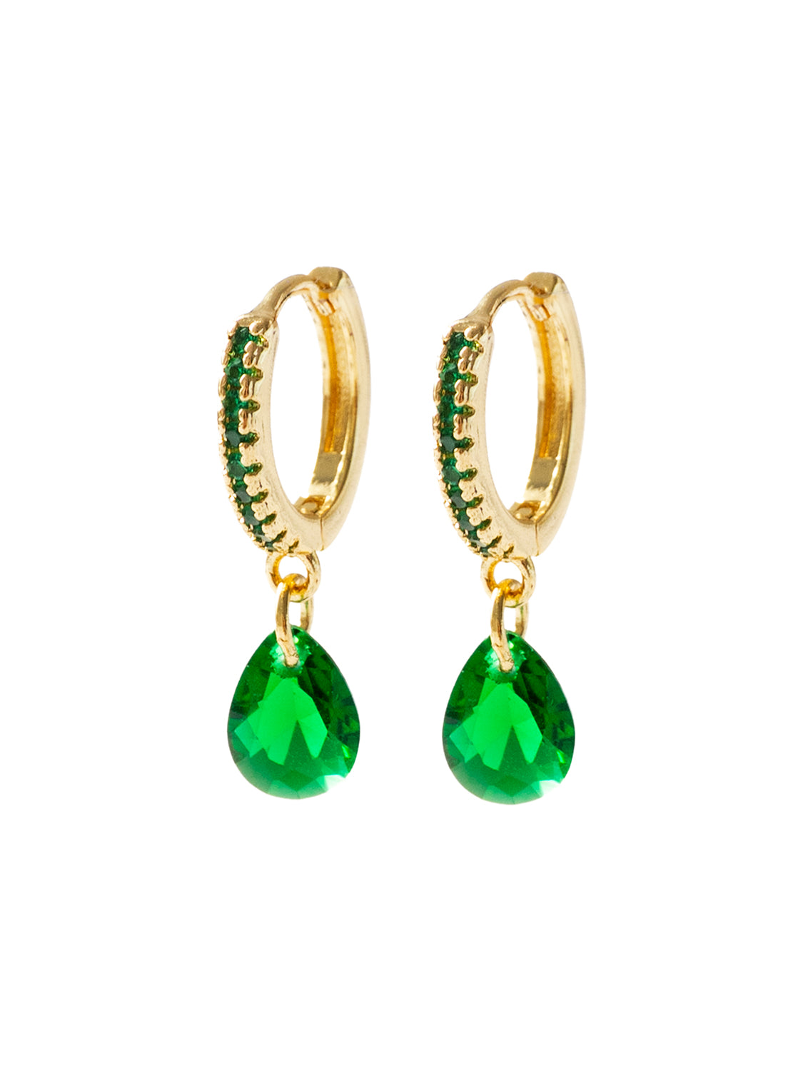 Teardrop Dangle Huggies, S925 - Emerald Green, Gold