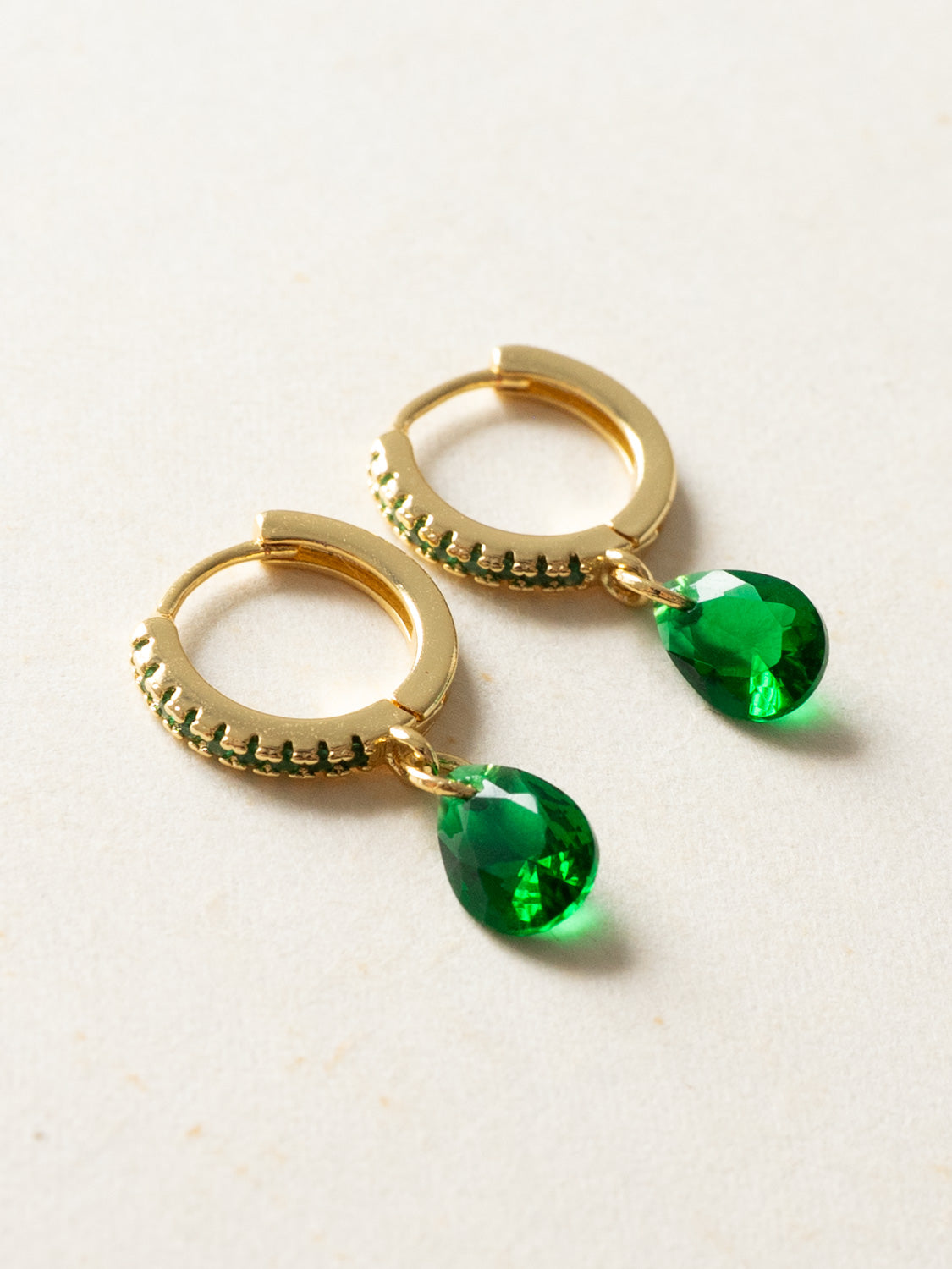 Teardrop Dangle Huggies  S925   Emerald Green  Gold2