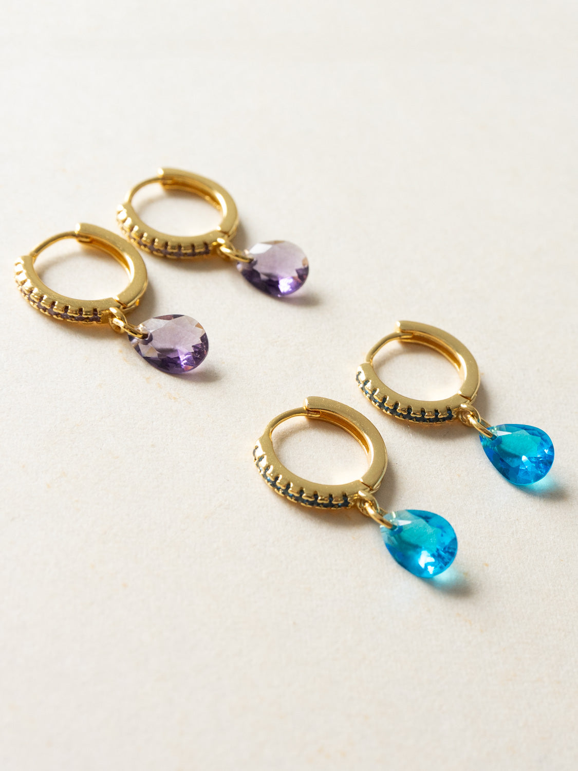 Teardrop Dangle Huggies, S925 - Purple, Gold