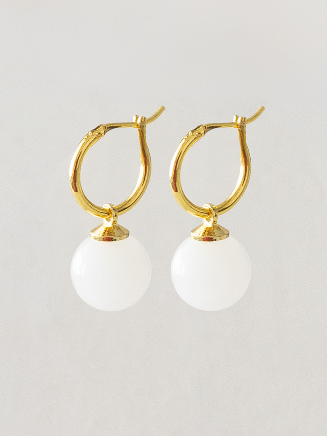 White Jade Ball Hoops, S925 - Gold