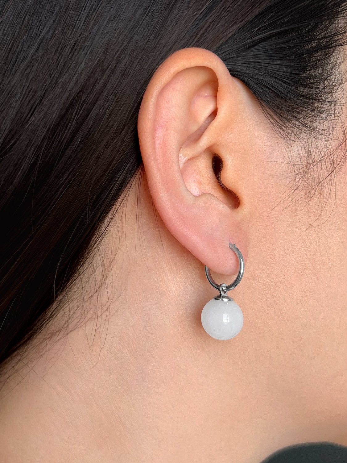 White Jade Ball Hoops, S925 - Silver