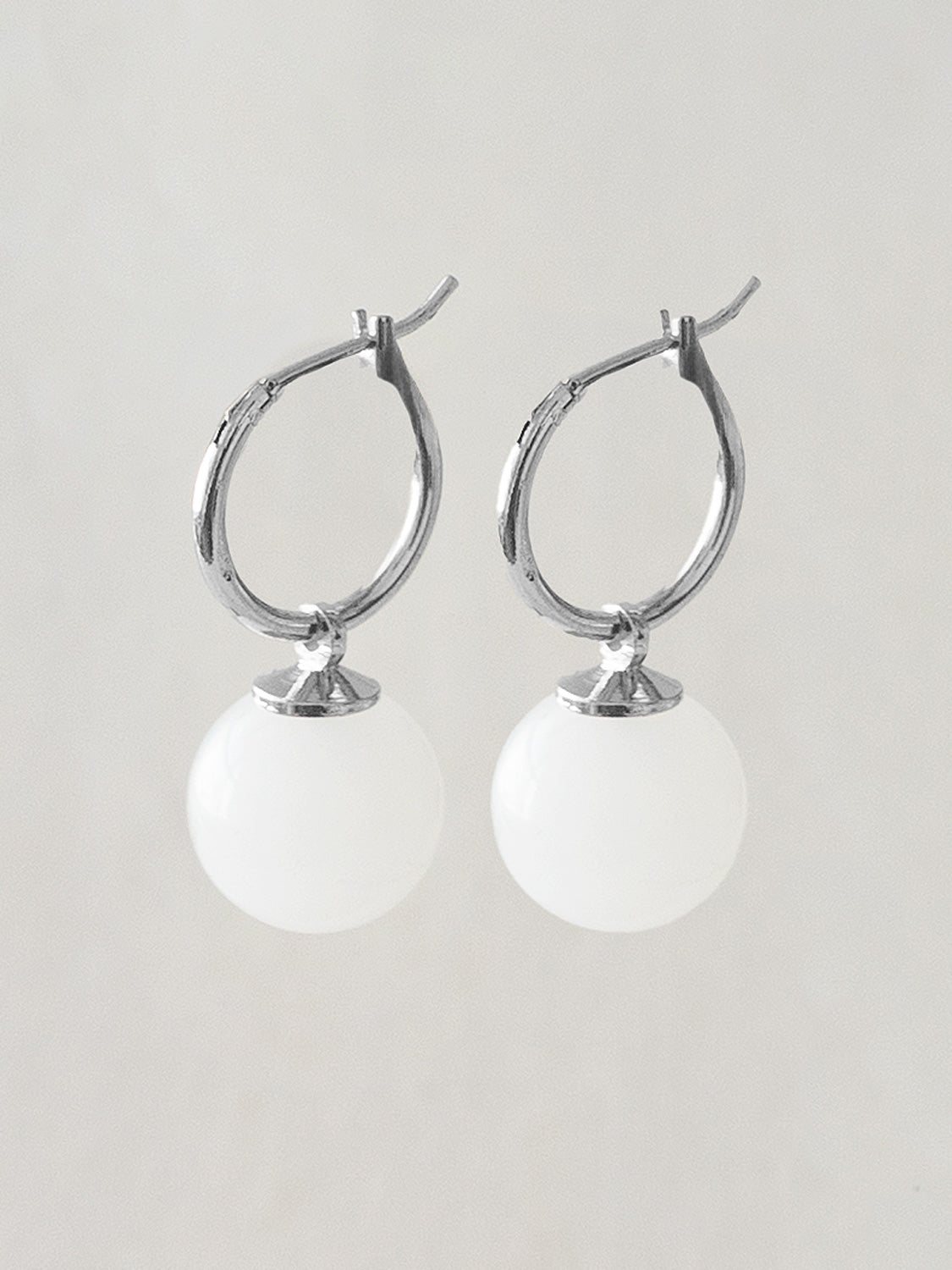 White Jade Ball Hoops, S925 - Silver
