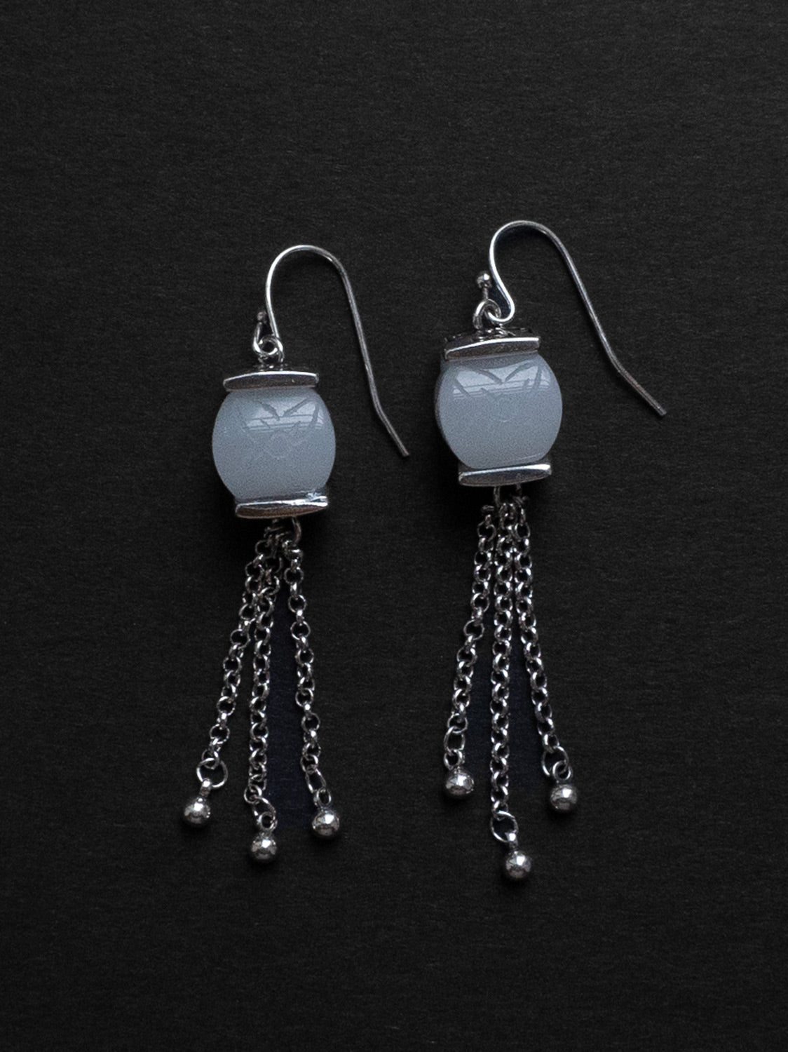 White Jade Dangling Earrings - Silver