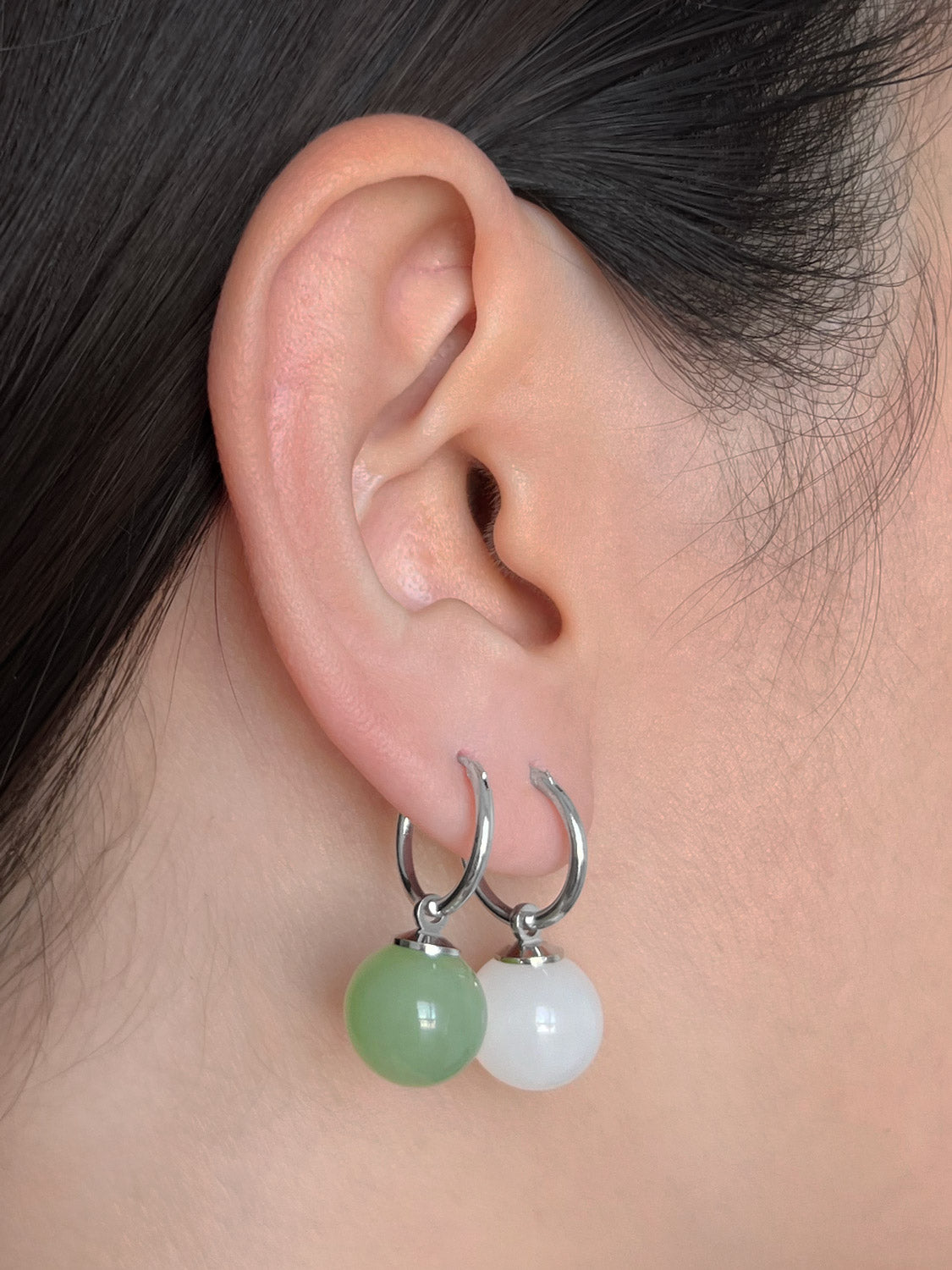 Green Jade Ball Hoops, S925 - Silver