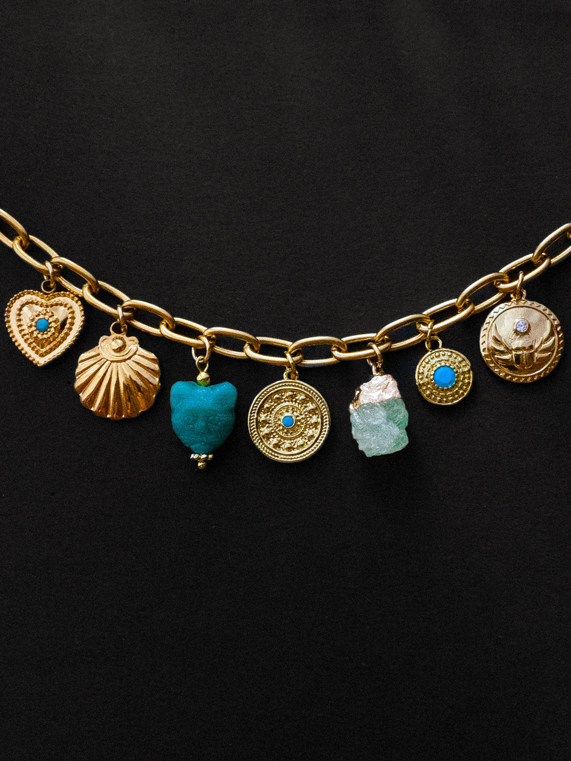 Protection Charms Chunky Gold Bracelet - Turquoise Elements