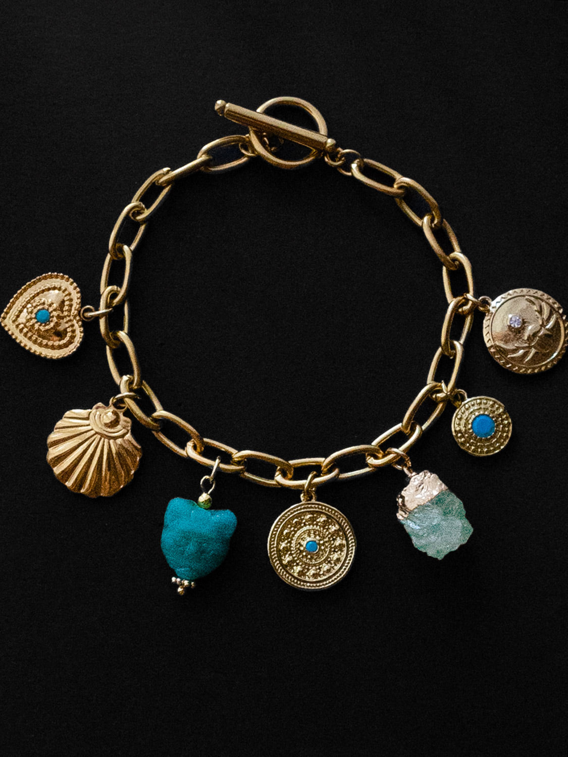 Protection Charms Chunky Gold Bracelet - Turquoise Elements